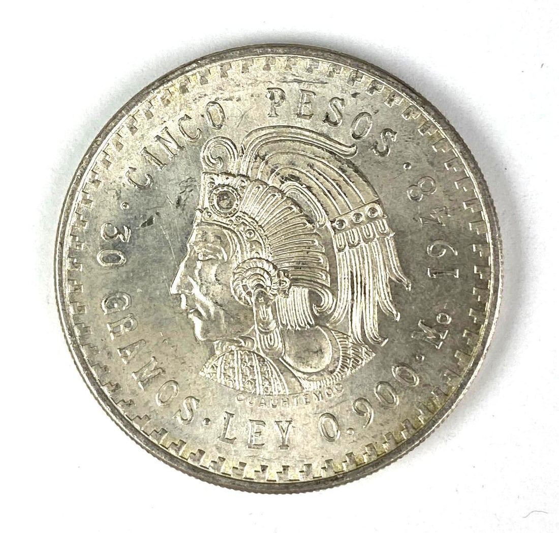 1948 Mexican 5 Pesos Cuauhtmoc 30 Grams .900 Silver Coin (1 of 2)