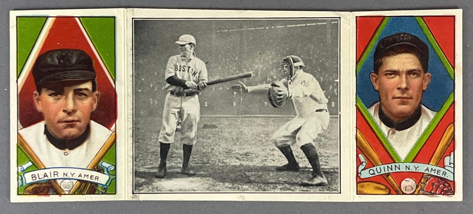 1912 - T202 Hassan-Triple Folder New York Yankees Blair, Blain, and Quinn: 1912 - T202 Hassan-Triple Folder New York Yankees Blair, Blain, and Quinn, VG - VGEX