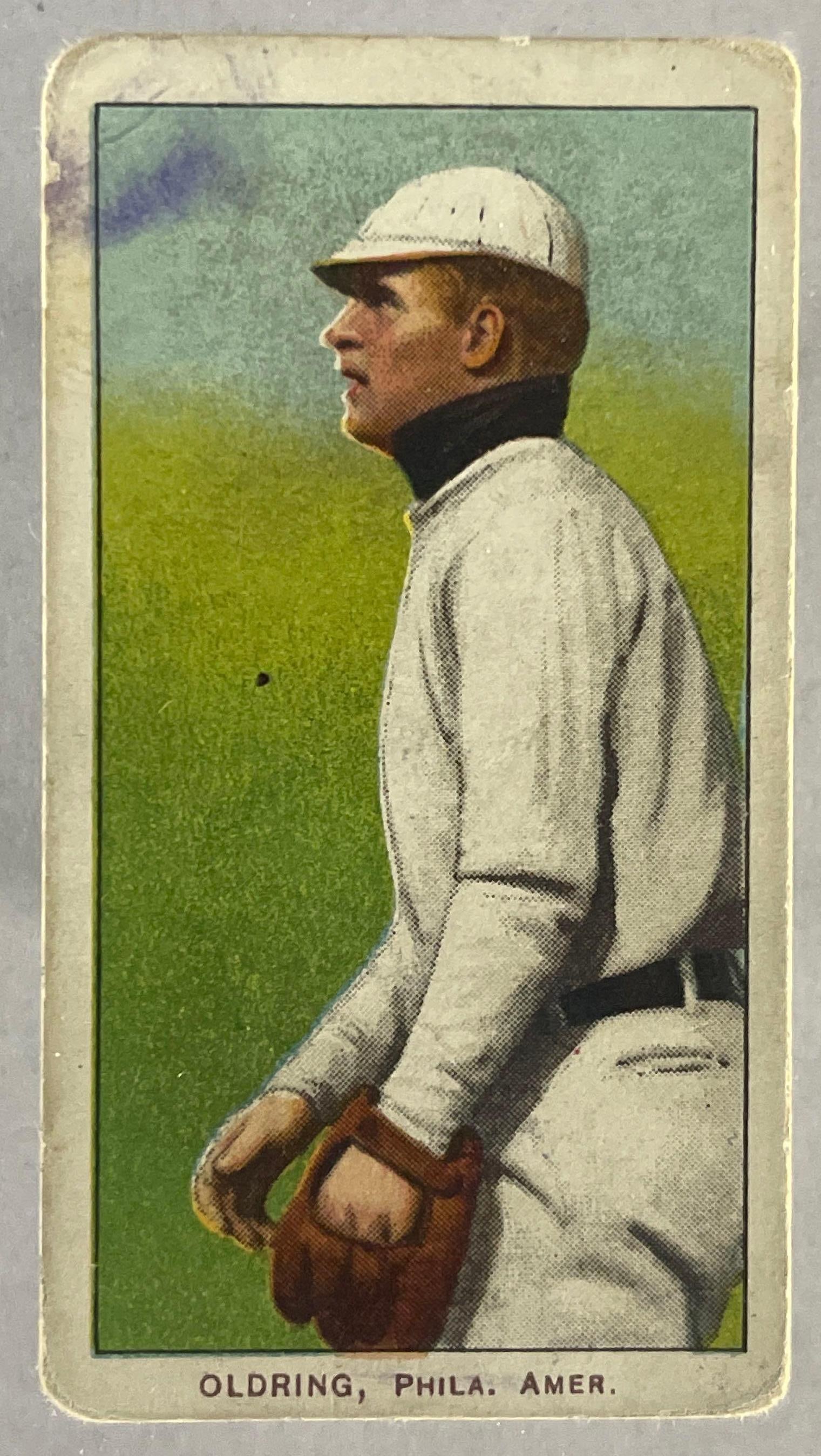 1909 - 11 T-206 Rube Oldring Fielding Sweet Caporal 150/30: 1909 - 11 T-206 Rube Oldring Fielding Sweet Caporal 150/30, G with Stamp