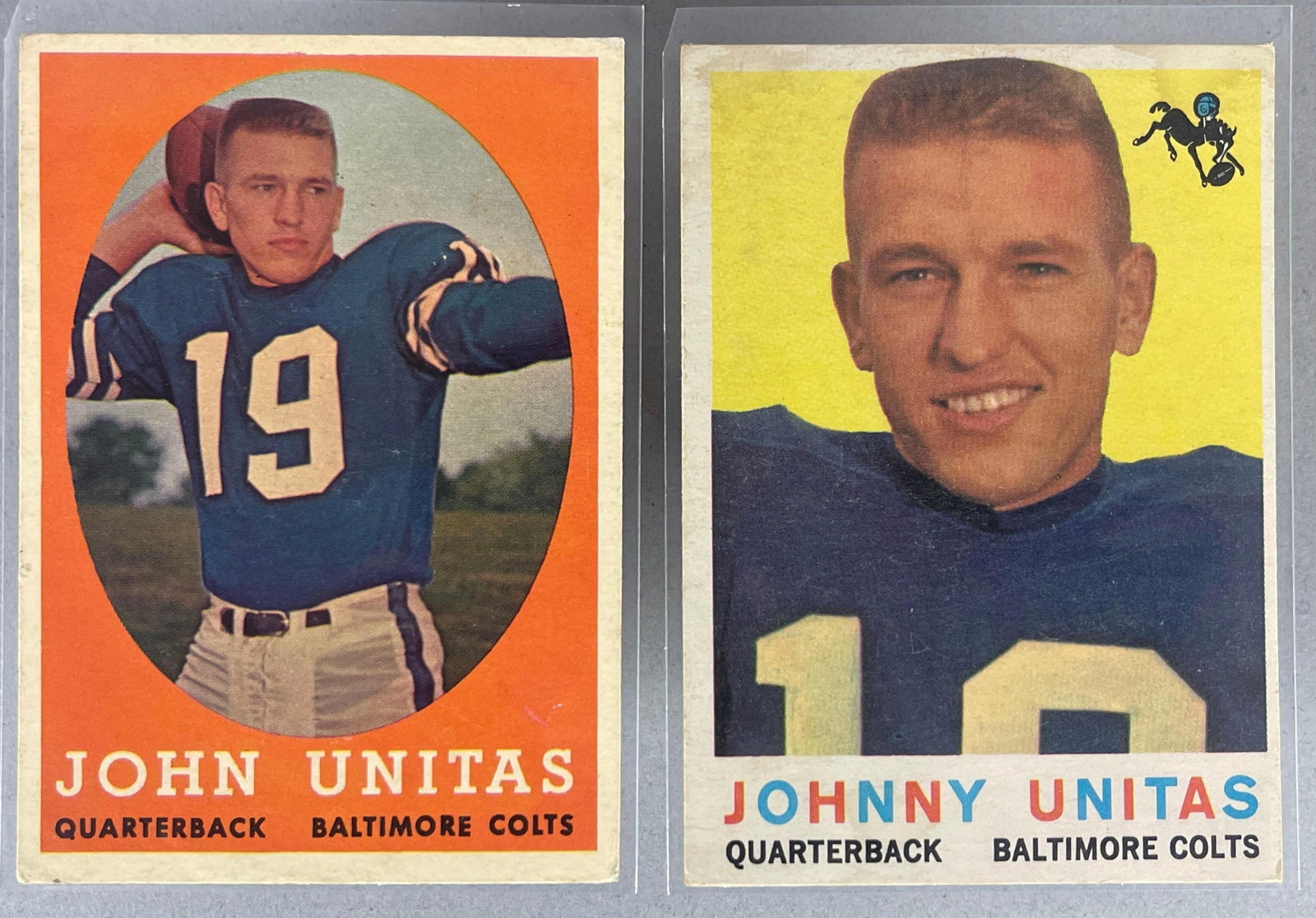 1958 and 59 Topps Johnny Unitas Cards: 1958 #22 VGEX with great centering, 1959 #1 VG, 2nd and 3rd year