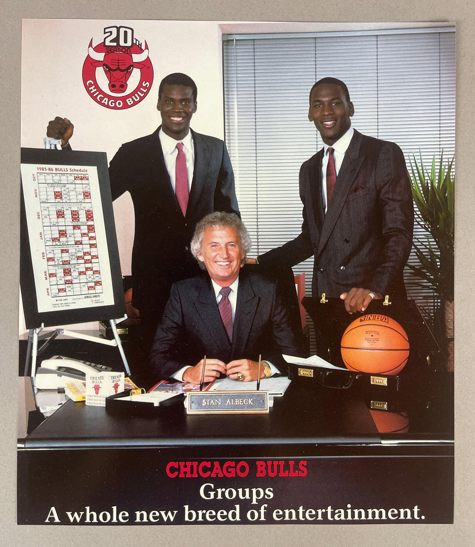 Rare 1985 Chicago Bulls, A Whole New Breed, Handout with Michael Jordan: This is a rare handout given out to advertise and remake the Chicago Bulls. A Whole New Breed of Entertainment, Two new stars Michael Jordan, and Orlando Woolridge and one year coach Stan Albeck