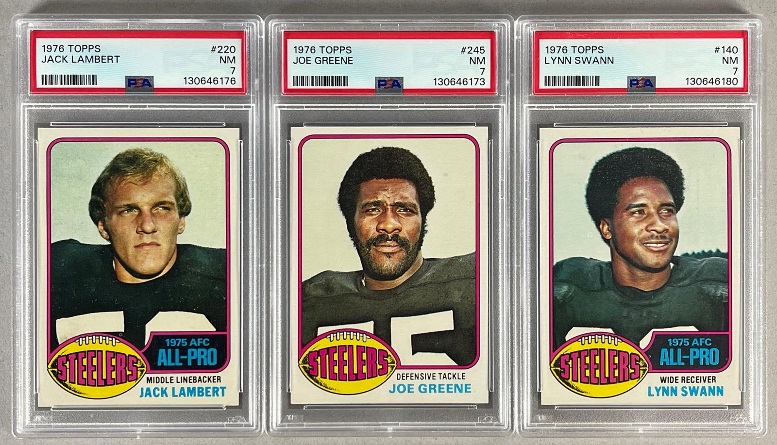 1976 Topps Jack Lambert, Joe Greene, and Lynn Swann - All PSA 7s: Newly Graded, All PSA 7s, Pittsburgh Steelers HOFs, Jack Lambert Rookie #220, Joe Greene #245, Lynn Swann #140