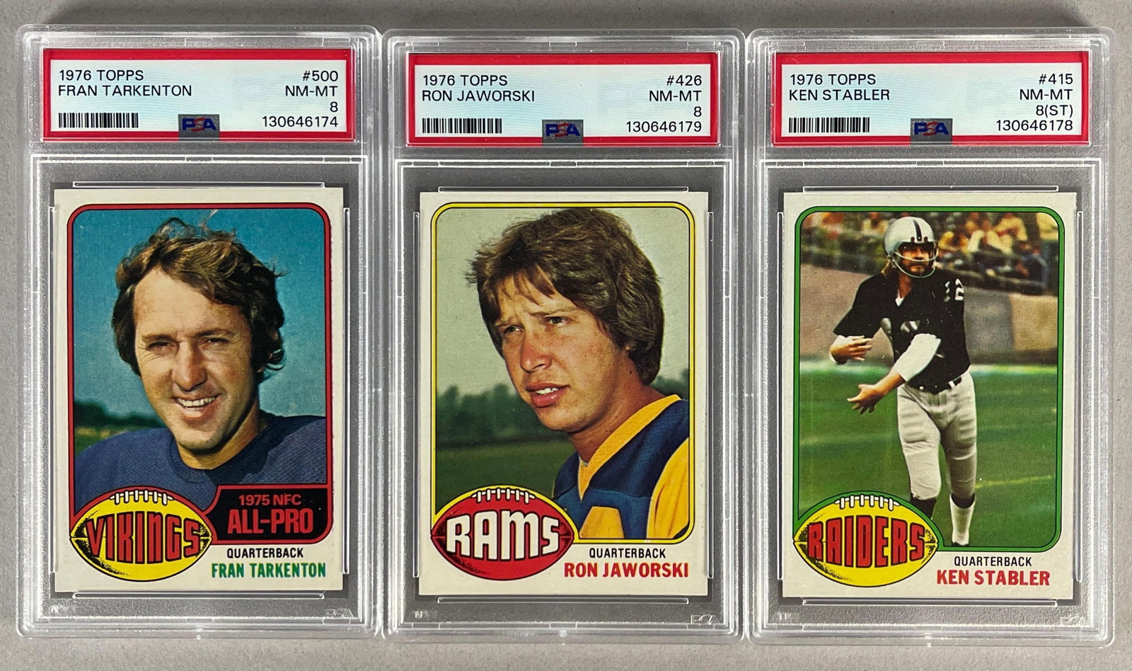 1976 Topps Fran Tarkenton, Ken Stabler, and Ron Jaworski - All PSA 8 (1 of 2)