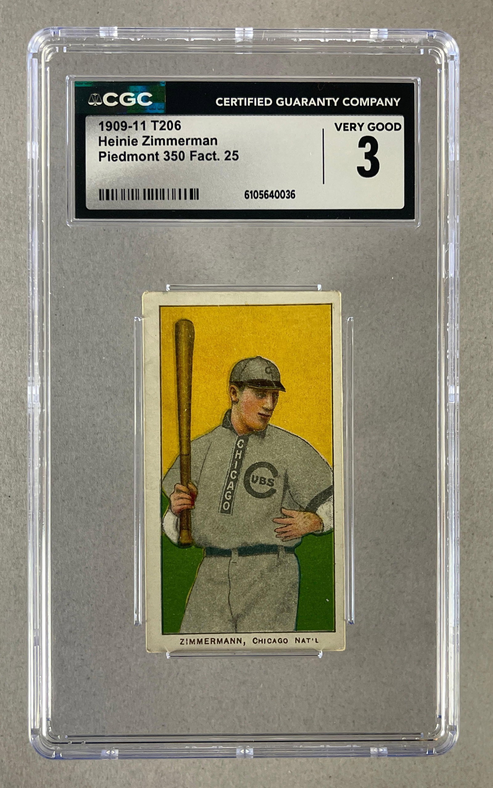 1909 - 11 T206 Heinie Zimmerman Piedmont 350/25 CGC 3 (1 of 2)