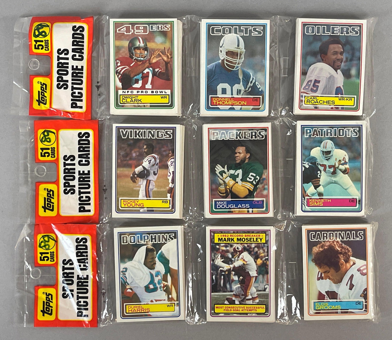 3 - 1983 Football Unopened Rack Packs: 51 - Cards per rack, Possible Marcus Allen and Mike Singletary Rookies
