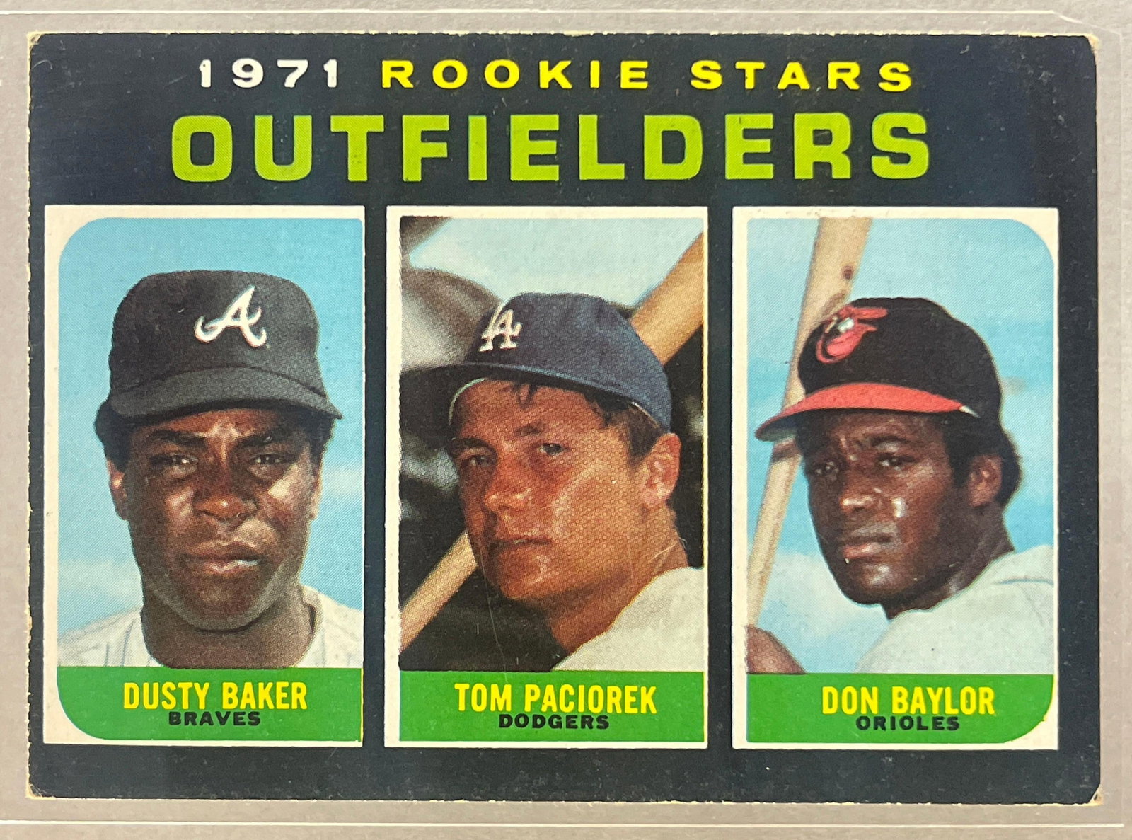 1971 Topps Rookie Stars Outfielders Baker/ Paciorek/ Baylor #709: 1971 Topps Rookie Stars Outfielders Baker/ Paciorek/ Baylor #709, High number, VG