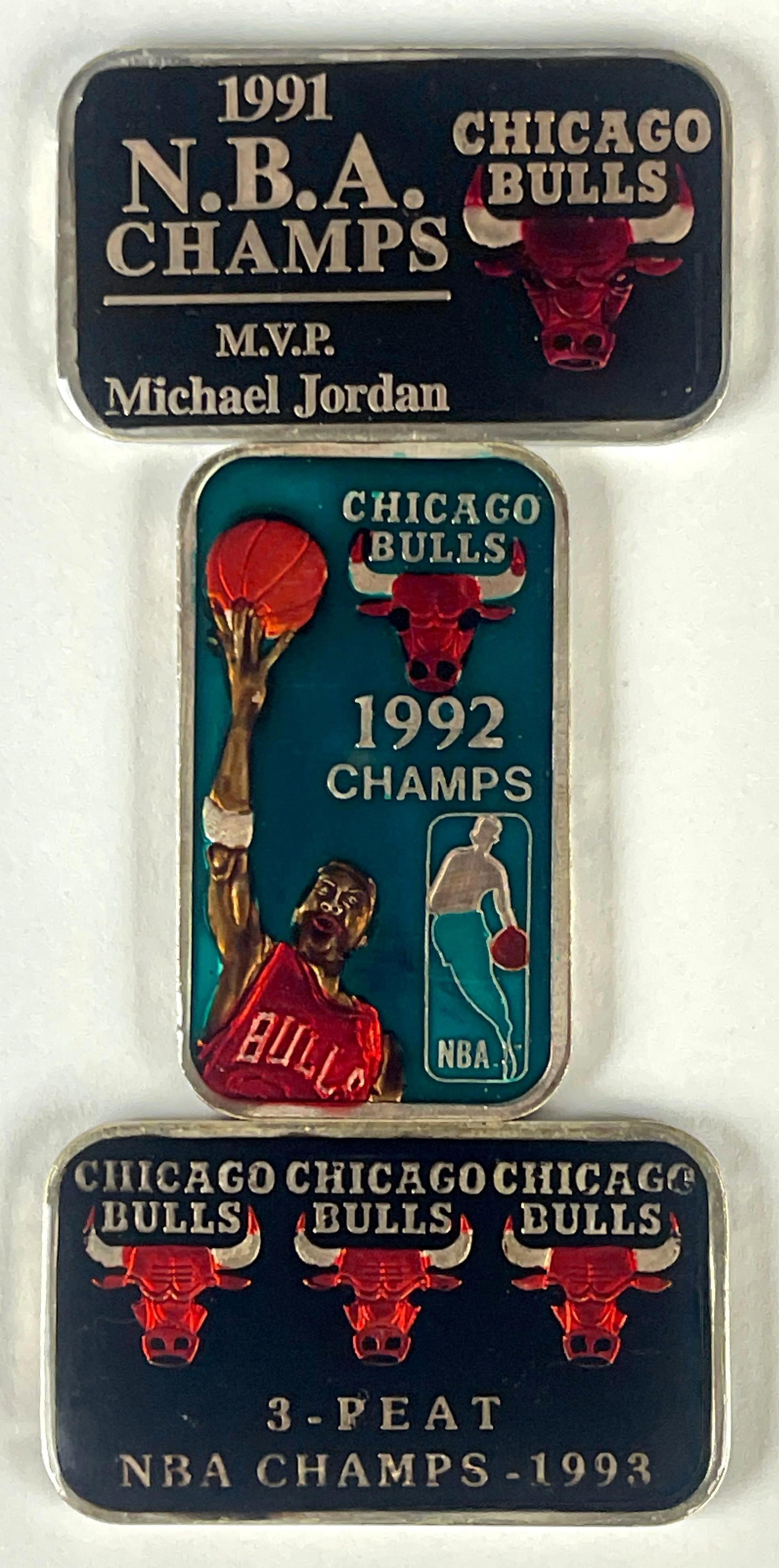 3 - 1991 - 93 Chicago Bulls Silver 1 oz .999 Enamel Championship Ingot/ Bars with Matching Serial: 3 - 1991 - 93 Chicago Bulls Silver 1 oz .999 Enamel Championship Ingot/ Bars, Serial Number #54