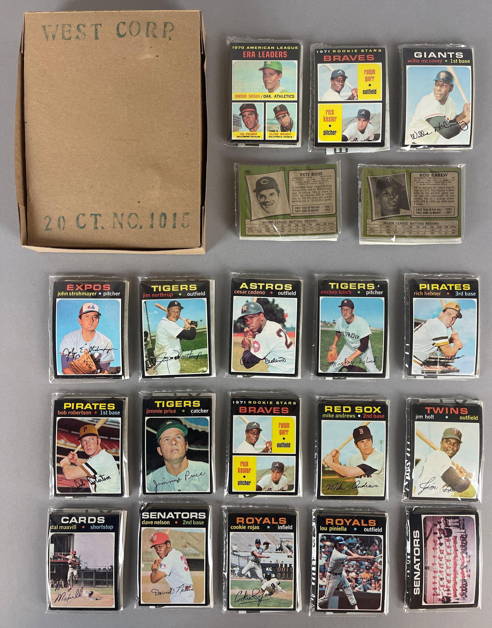 1971 Topps Baseball West Corps Cello Fun Packs Vending Box of 20 with HOFs: 10 - Cards per pack, West Corp was a repacking company in the 1970s, Includes Pete Rose, Willie McCovey, Rod Carew, and AL ERA LL Card