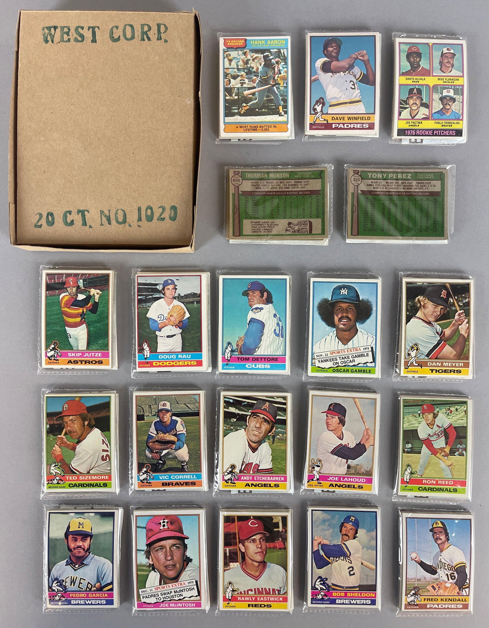 1976 Topps Baseball West Corps Cello Fun Packs Vending Box of 20 with HOFs: 10 - Cards per pack, West Corp was a repacking company in the 1970s, Includes Hank Aaron RB, Thurman Munson, Dave Winfield, and Tony Perez