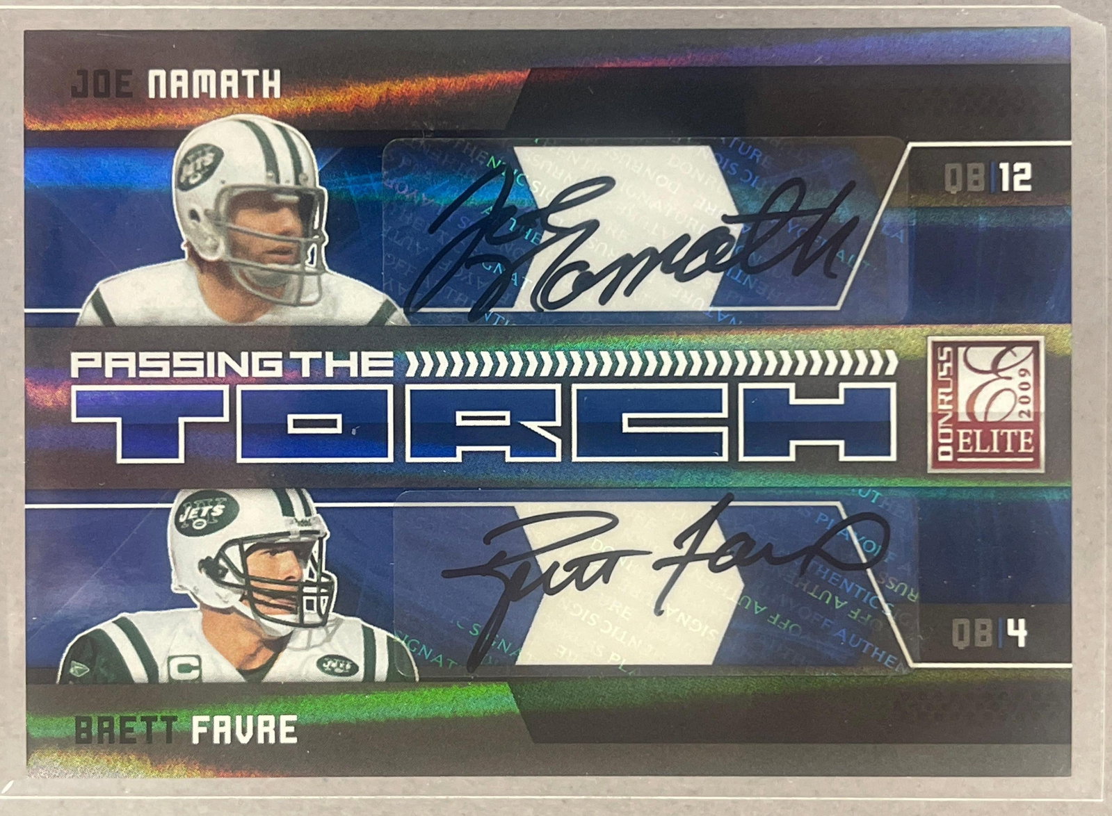 2009 Donruss Elite Passing the Torch Auto Joe Namath and Brett Favre 4/25 (1 of 2)