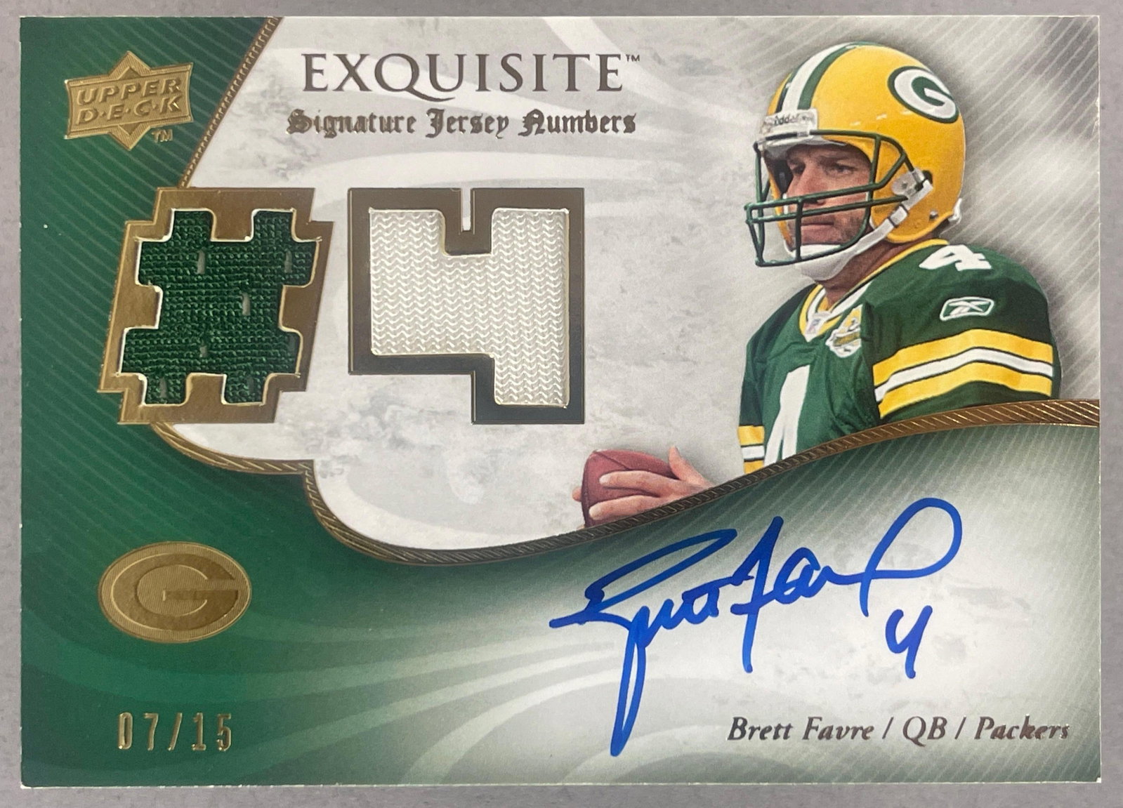 2008 Exquisite Dual Signature Jersey Numbers Brett Favre and Brian Brohm 7/15 (1 of 4)