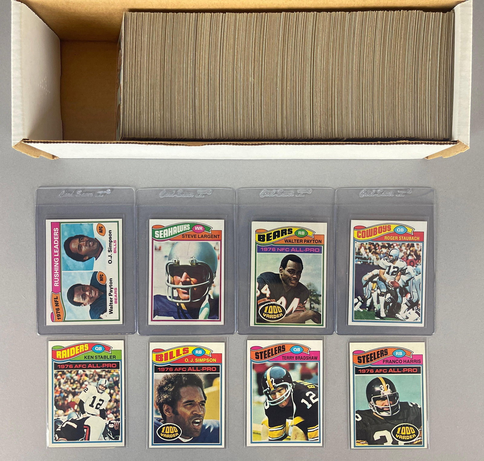 1977 Topps Football Complete Set: Conditions vary, VGEX - NMMT, Mainly EX - EXMT, Rushing Leaders NM - NMMT, Stuabach NM, Payton VGEX, Largent Rookie VGEX - EX, Bradshaw and Harris EXMT, Lambert NM - NMMT, and More