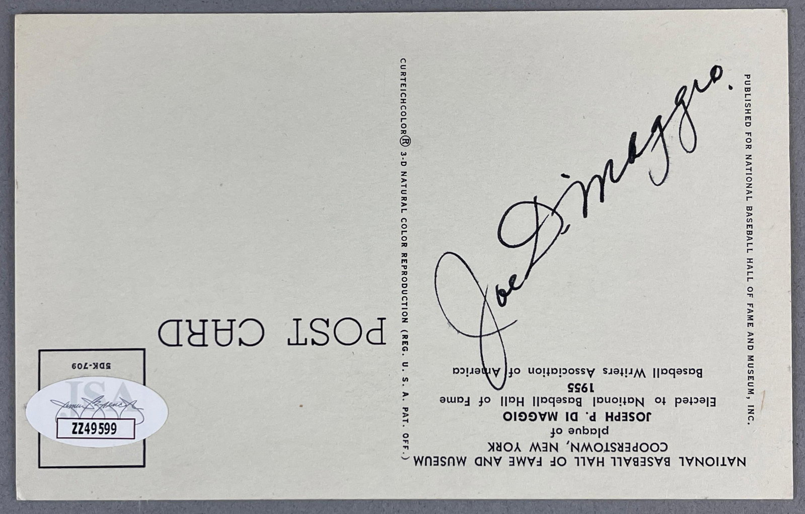 Signed Joe DiMaggio Yellow HOF Plaque Postcard with JSA LOA (1 of 3)