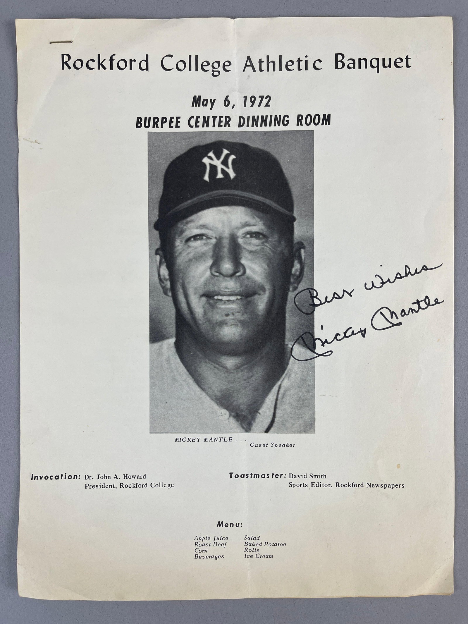 Rare 1972 Mickey Mantle Signed Rockford College Athletic Banquet Handout with JSA LOA (1 of 3)