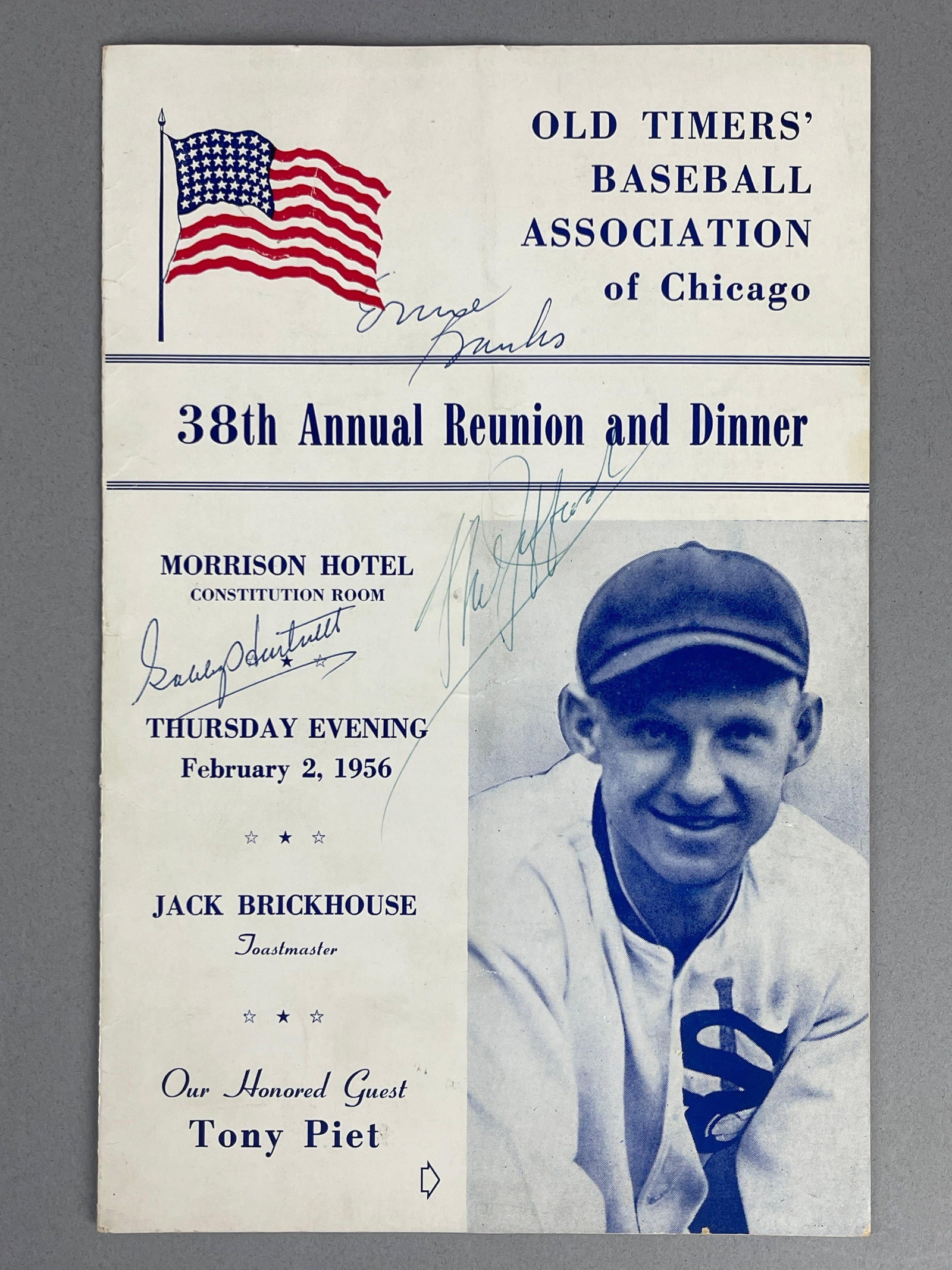 1956 Gabby Hartnett, Ernie Banks, and Hal Jeffcoat Signed Program with JSA COA: Probably not many of these around, 38th annual reunion Old Timers Baseball Association of Chicago, Nice Early Banks Signature