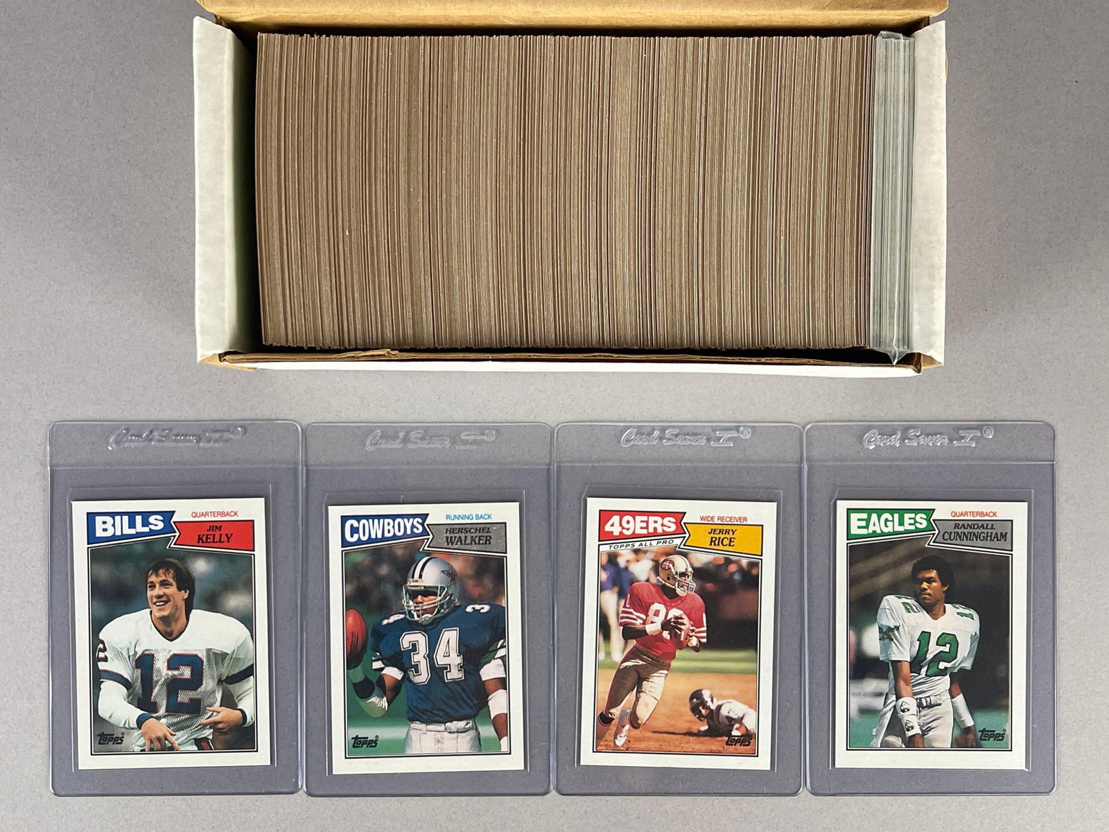 1987 Topps Football Complete High-Grade Set + 1000 Yard Club Set: Conditions vary, EXMT - Mint, Jim Kelly Herchel Walker, and Randall Cunningham Rookies