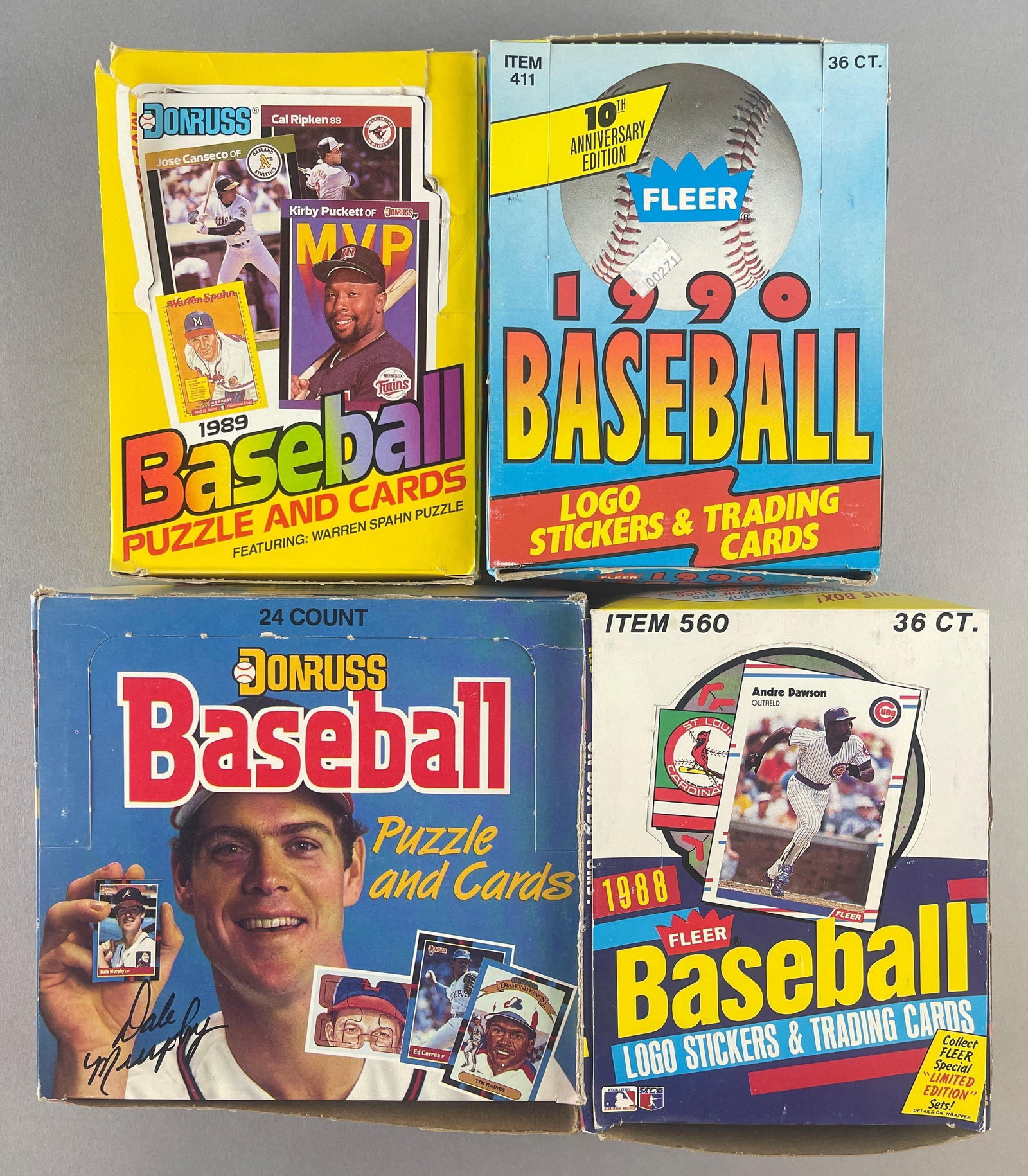 4 - 1988 - 90 Baseball Unopened Wax Boxes: 1989 Donruss wax box, 1988 Donruss cello box, 1988 Fleer wax box, and 1990 Fleer wax box