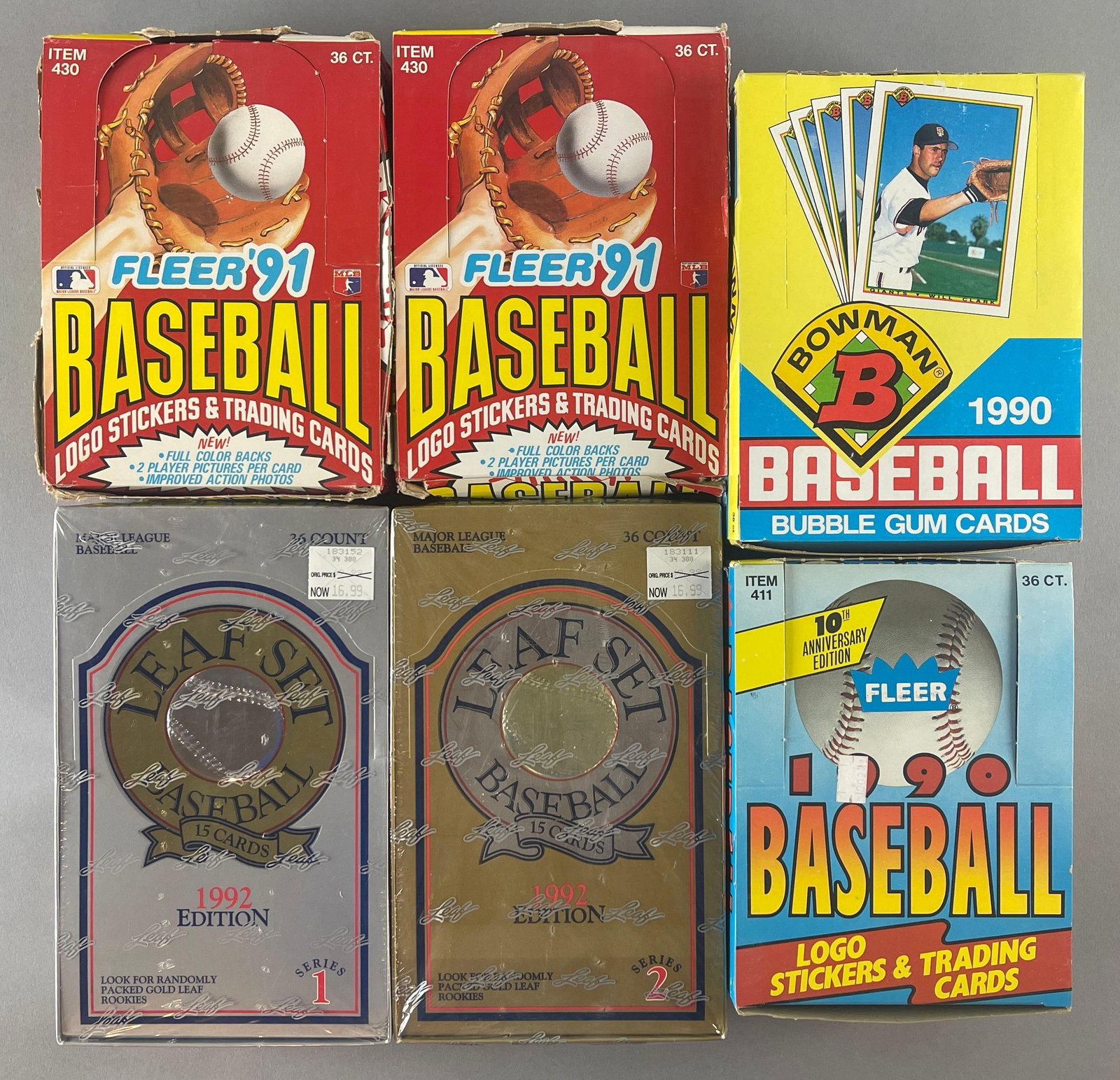6 - 1990 - 92 Baseball Unopened Wax Boxes: 2 - 1991 Fleer, 1990 Fleer and Bowman, 1992 - Lead series 1 and 2