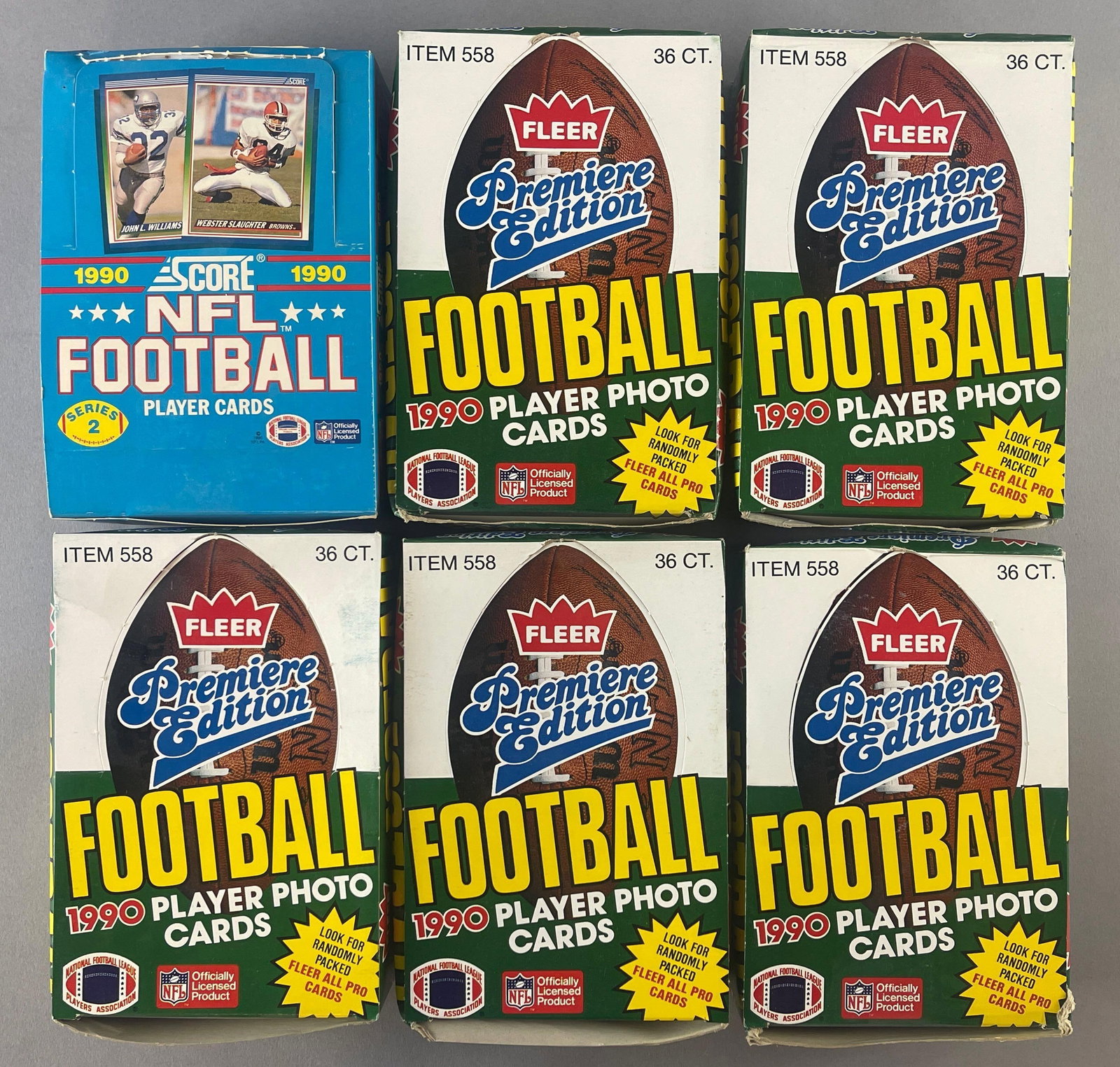6 - 1990 Fleer and Score Football Wax Boxes: 6 - 1990 Fleer and Score Football Wax Boxes