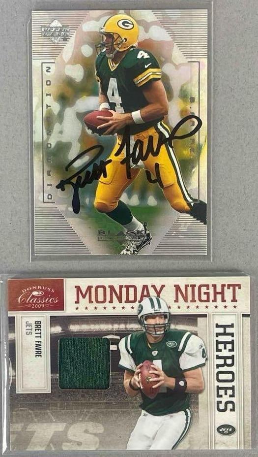 2009 Donruss Classics Monday Night Heroes 149/250 and 1999 Black Diamond Signed Brett Favre: Brett Favre jersey #5 149/250, 1999 Black Diamond Diamonation Signed Card #D1