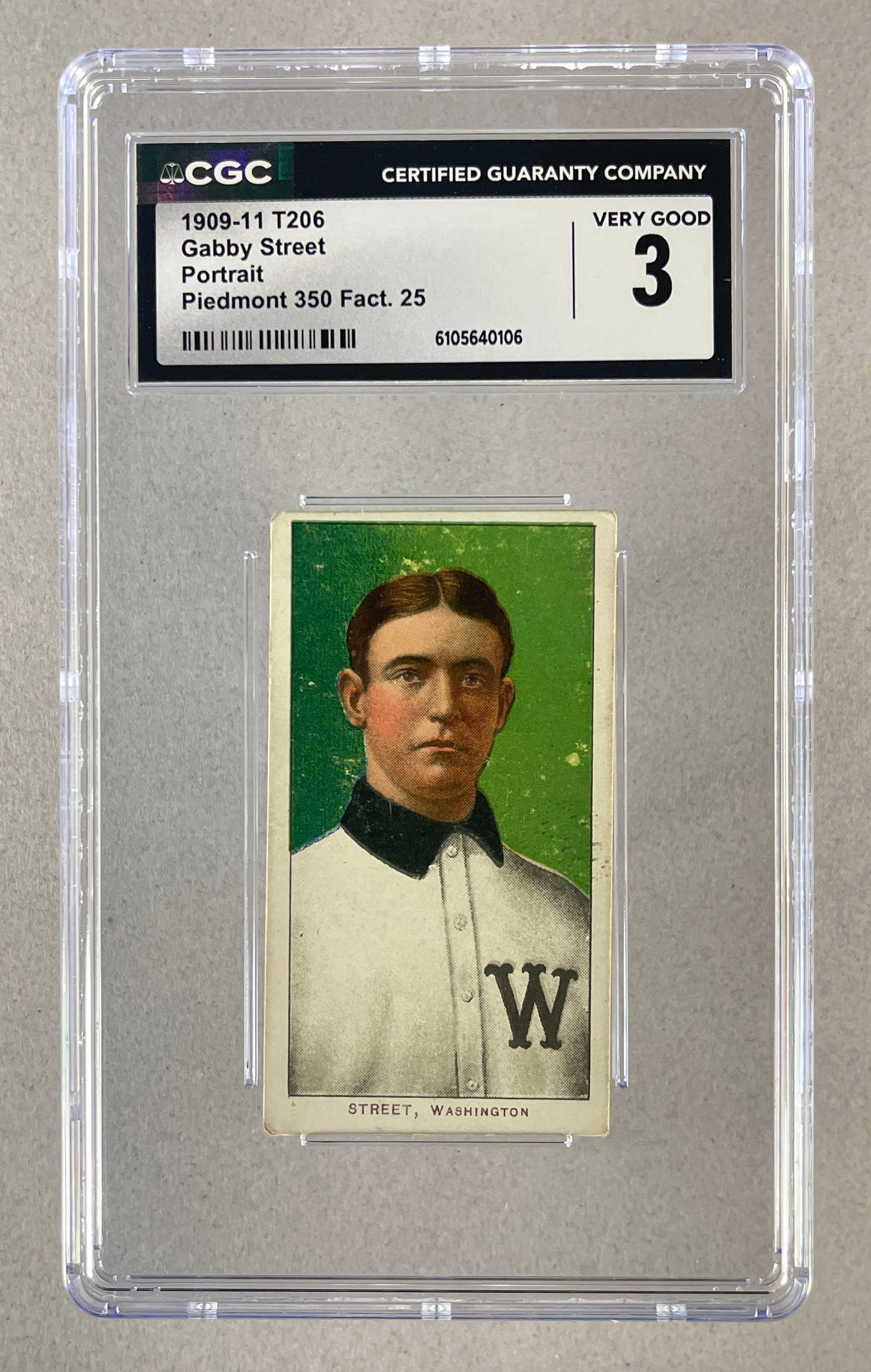 1909 - 11 T206 Gabby Street Portrait Piedmont 350/25 CGC 3: 1909 - 11 T206 Gabby Street Portrait Piedmont 350/25 CGC 3