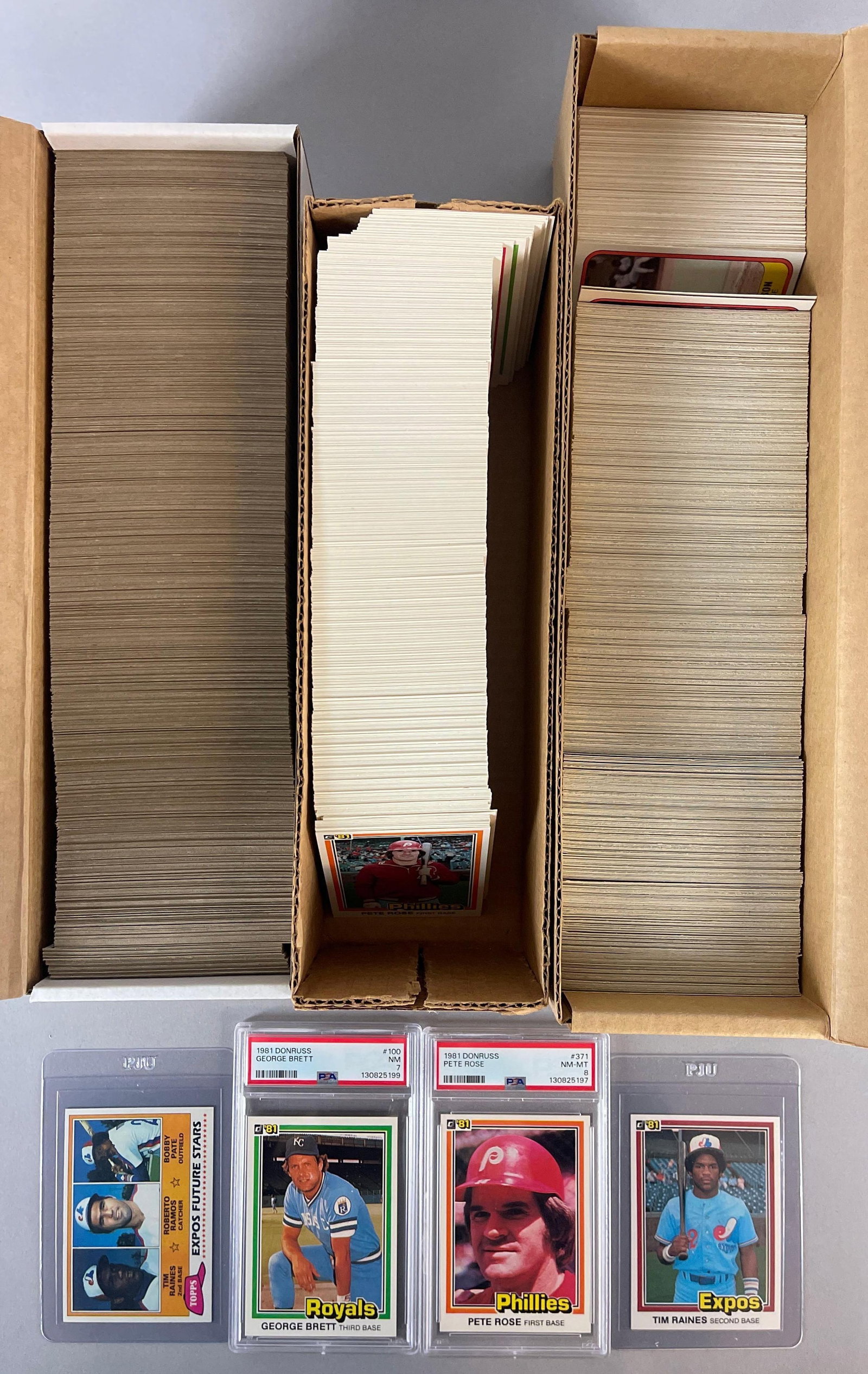 1981, Topps, Fleer and Donruss Complete Sets with PSA 8 Donruss Rose: Conditions vary, EXMT - Mint, Recently graded 1981 Donruss Pete Rose #371 PSA 8, and George Brett #100 PSA 7, and Much More