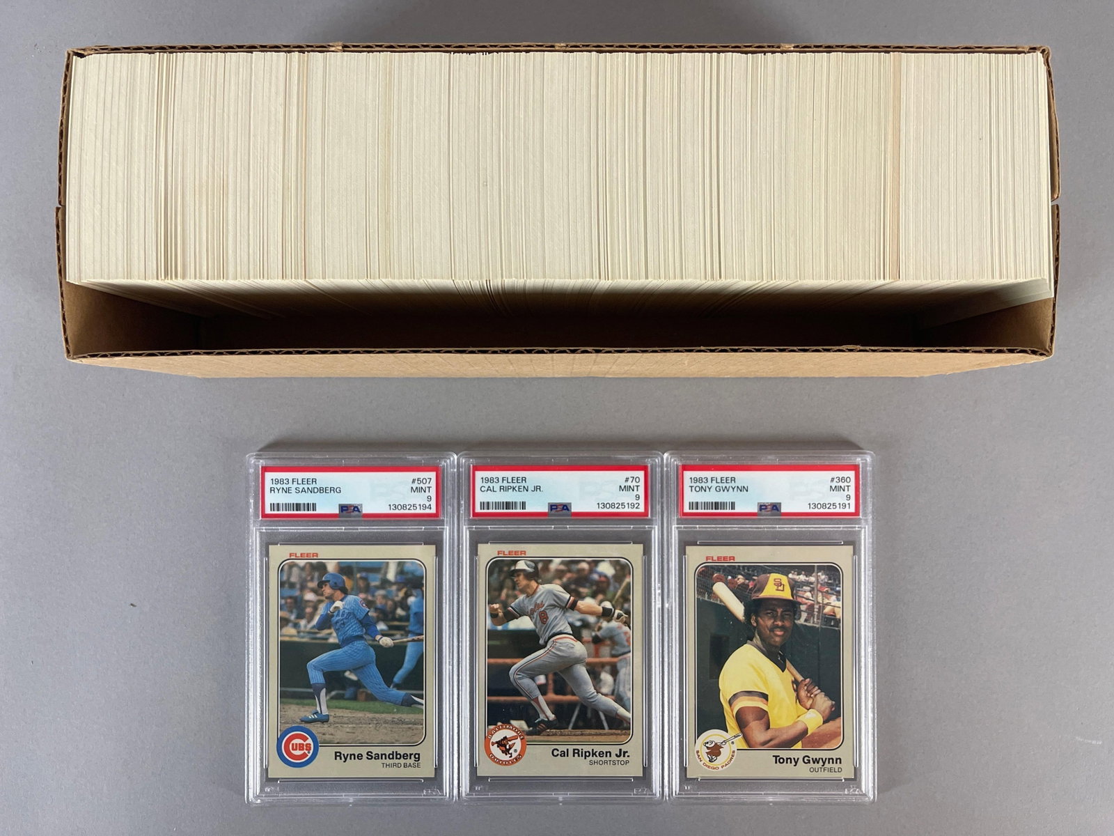 1983 Fleer Baseball Complete Set with PSA 9s of Sandberg, Gwynn, and Ripken: Great Set, with over $120 Graded value, PSA 9s of Ryne Sandberg #507, and Tony Gwynn #360 Rookies, PSA 9 Cal Ripken Jr #70,