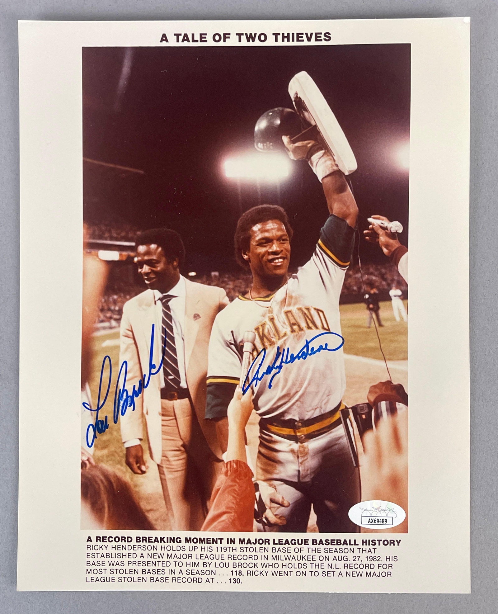 Lou Brock and Rickey Henderson Signed A Tale of Two Thieves 8x10 with JSA COA (1 of 3)