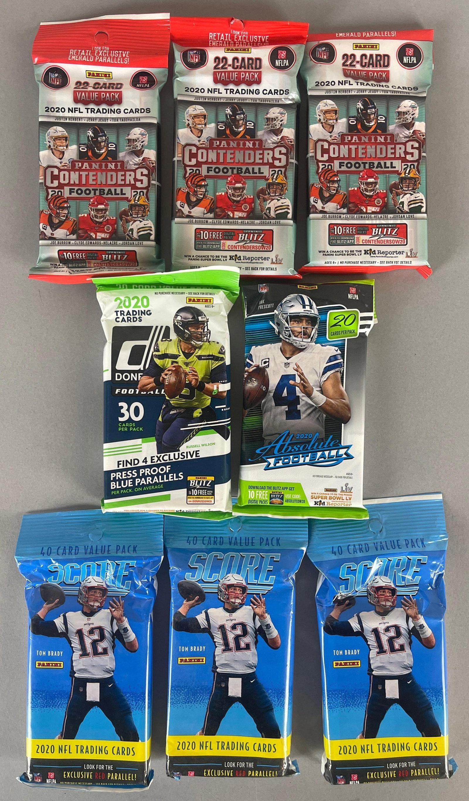 8 - 2020 Donruss, Score, and Contender, Football Value Packs: 3 - Panini Contender 27 - Card Pack, 3 - Score 40 - Card pack, Donruss 30 - Card pack, and Absolute 20 - Card pack