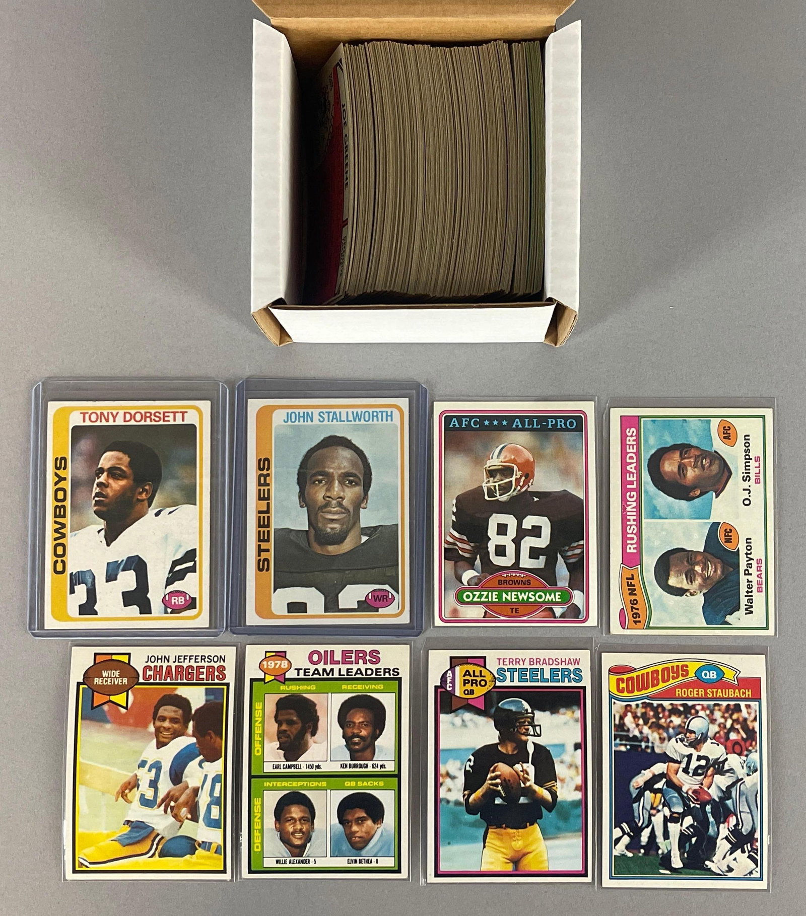 150+ 1977 - 80 Topps Football Cards with HOFs, Stars, and Rookies: Conditions vary, EX - NMMT, 4 - 1978 Tony Doresett and 4 - John Stallworth Rookies, 1978 and 79 Walter Payton, 2 - 1979 Topps Rushing Leaders, Ozzie Newsome and Jim Jefferson Rookies, and Much More