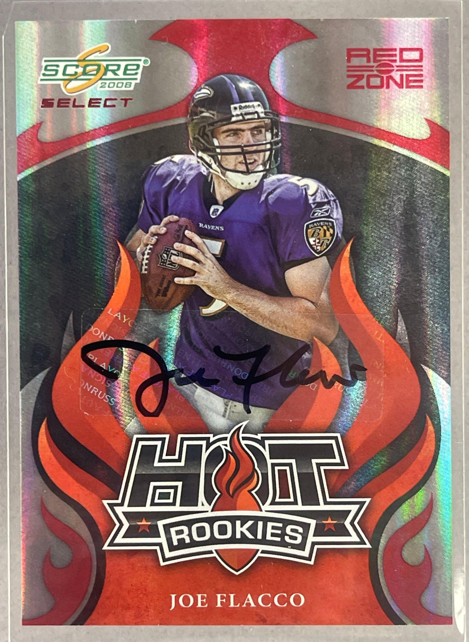 2008 Score Select Hot Rookie Red Zone Auto Joe Flacco 6/25: Tough, Sharp card #HR-14 6/25