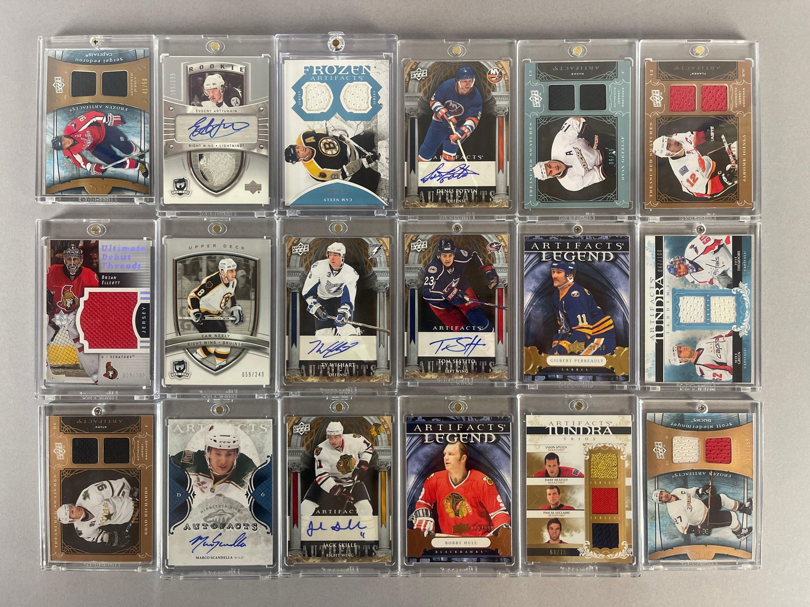 18 - 2005 - 11 Upper Deck Artifacts and The Cup Hockey Jersey and Auto Cards with HOFs: 2009 UD Artifacts Auto Denis Potrin, Sergie Fedorov dual jersey 41/50, 2005 The Cup Auto Patch 99/199, and Much More