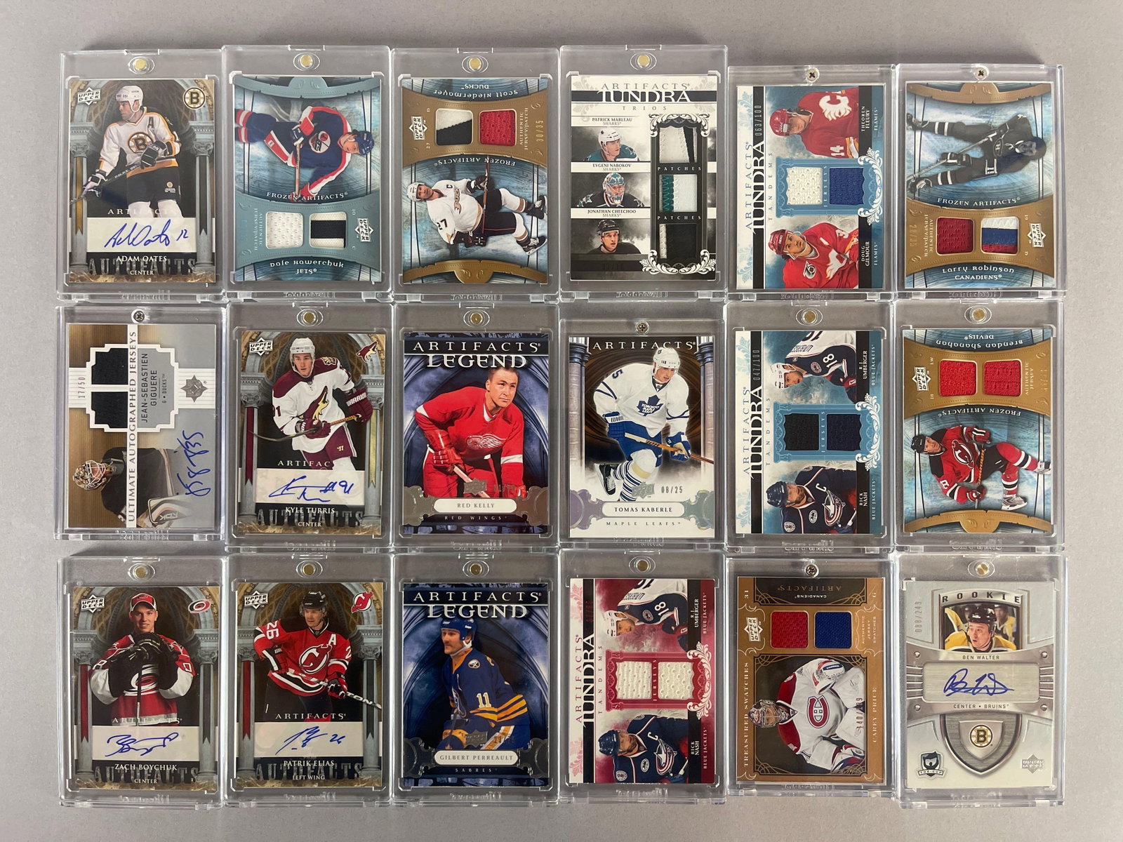 18 - 2005 - 09 Upper Deck Artifacts and The Cup Hockey Jersey and Auto Cards with HOFs: 2009 Adam Oats Auto, Scott Niedermayer dual jersey 30/35, and More