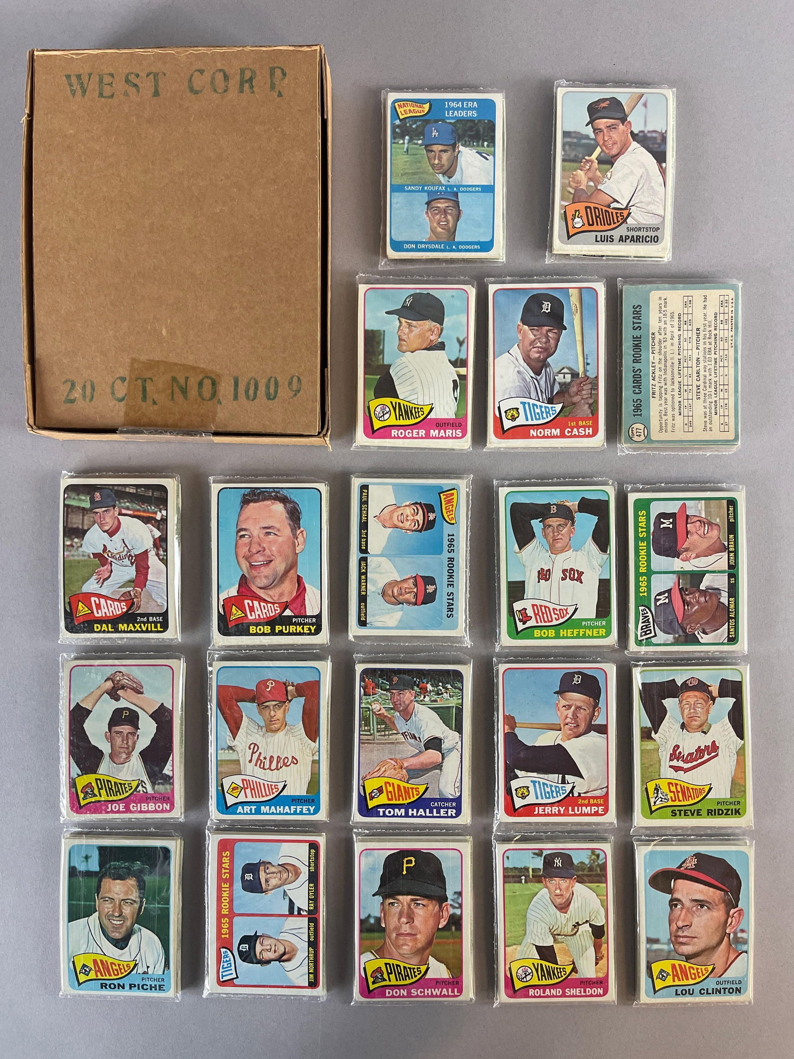 1965 Topps Baseball West Corps Cello Fun Pack Vending Box of 20: Steve Carlton Rookie, Roger Maris, Luis Aparicio, N.L. ERA Leaders showing, 10 - Cards per pack, West Corps was are packing company in the 1970s
