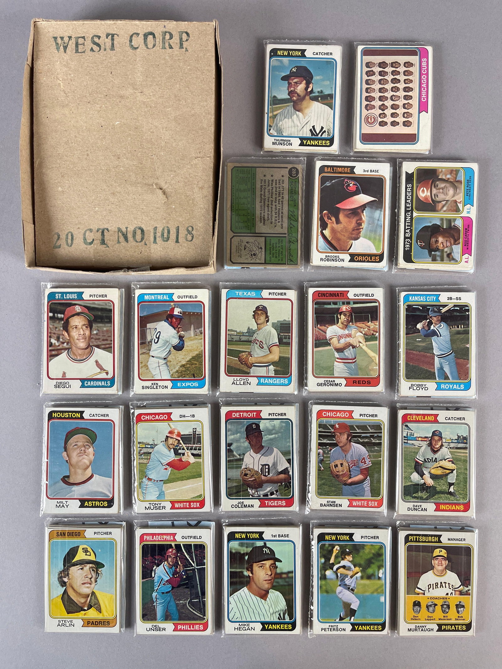 1974 Topps Baseball West Corps Cello Fun Pack Vending Box of 20: Thurman Munson, Brooks Robinson, Mike Schmidt, Batting Leaders Showing,?10 - Cards per pack, West Corps was are packing company in the 1970s