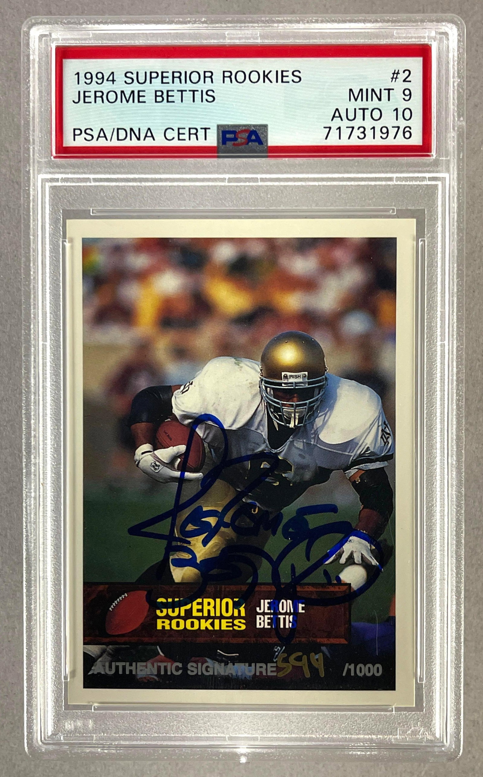 1994 Superior Rookies Jerome Bettis #2 PSA 9 Auto 10: 1994 Superior Rookies Jerome Bettis #2 PSA 9, Highest Grade, Population - 1