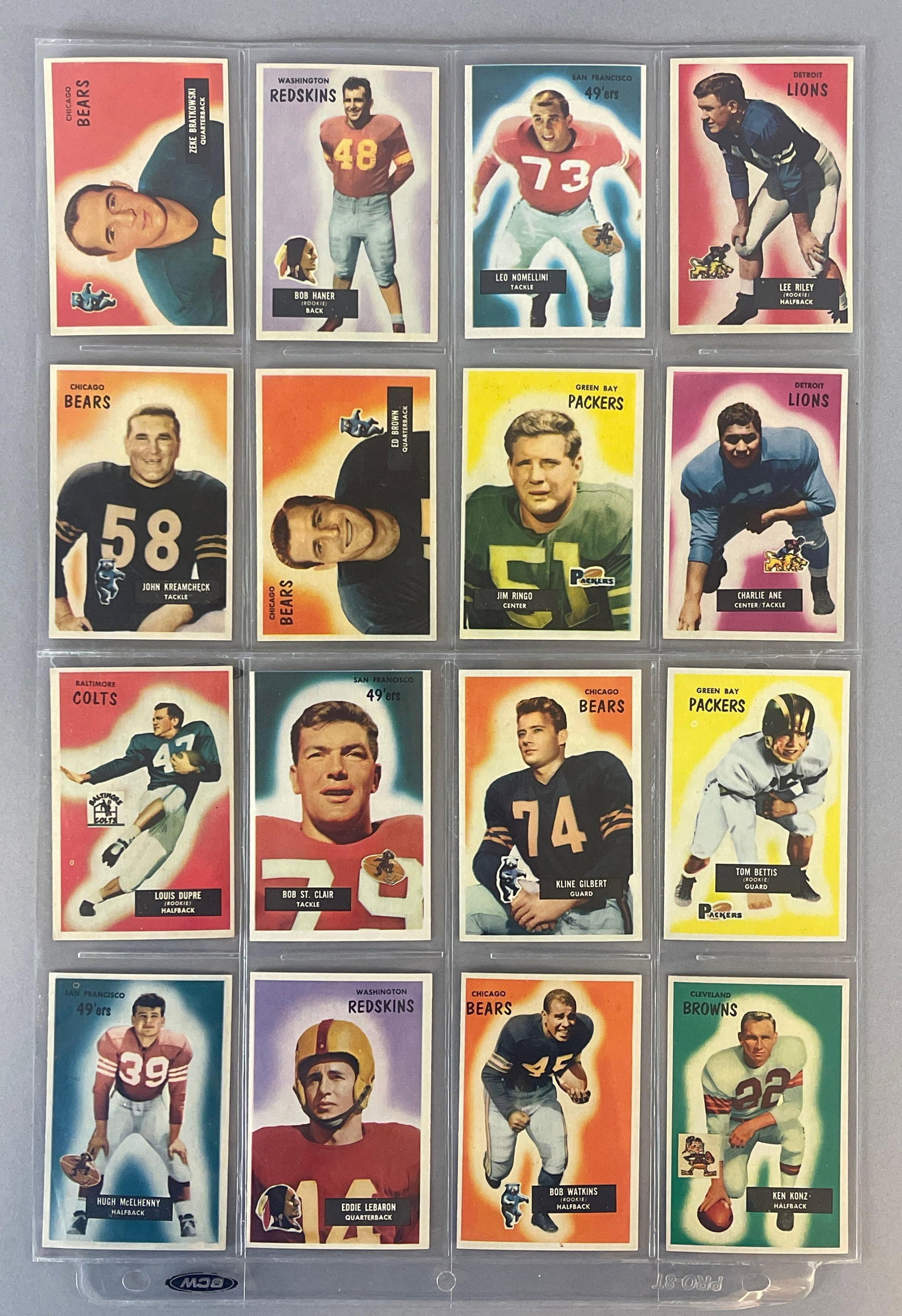 16 - 1955 Bowman Football High-Grade with HOFs, Stars, and Rookies: Conditions vary, EXMT - NMMT, Includes Jim Ringo Rookie EXMT, Bob St. Clair Rookie EXMT, Eddie LaBaron NM, and Much More