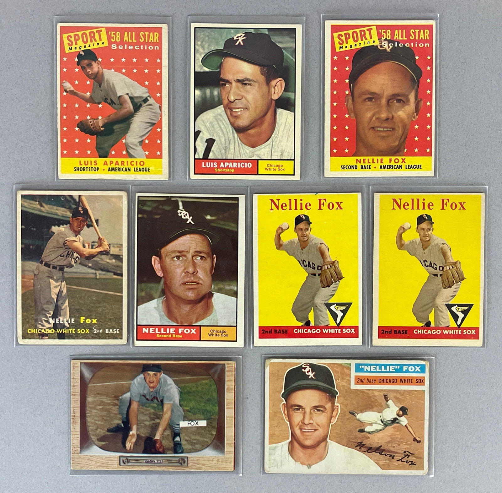 9 - 1955 Bowman - 1961 Topps Nellie Fox and Luis Aparicio Cards: Conditions vary, G - EXMT, 1955 Nellie Fox EXMT, 1956 and 57 Topps Nellie Fox G - VG, and More