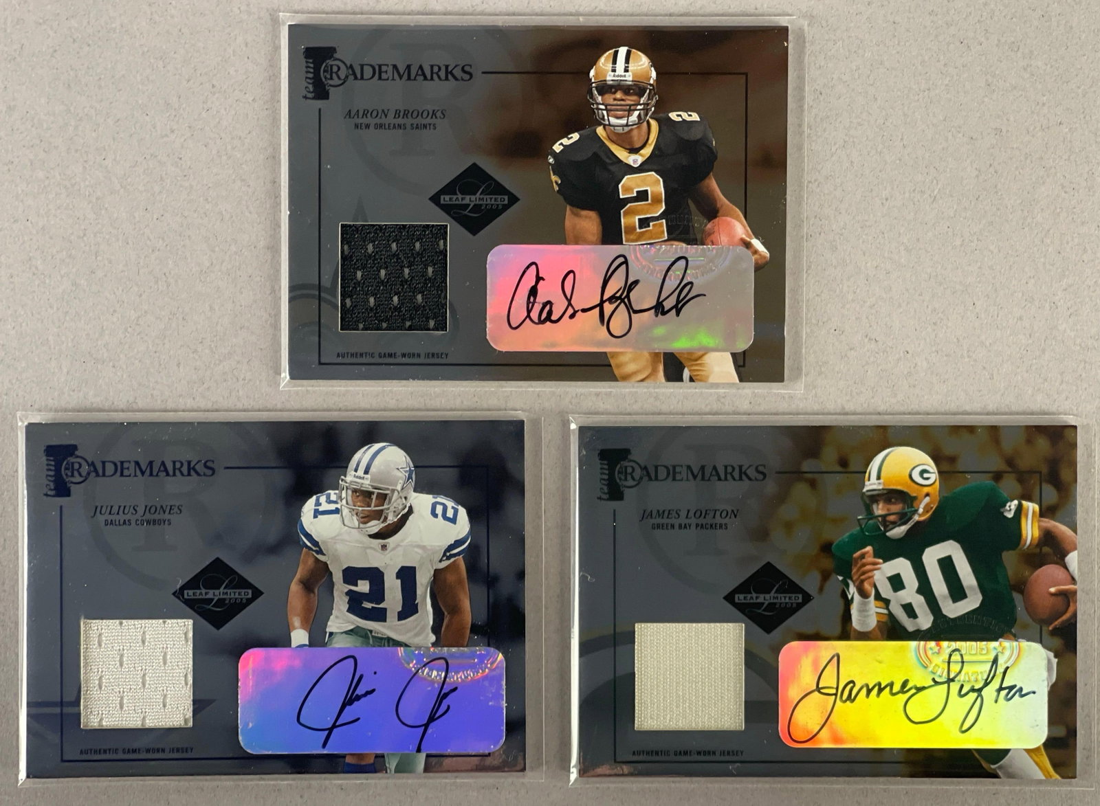 2005 Leaf Limited Trademarks Auto Jersey J. Loften, J. Jones, and A. Brooks (1 of 2)