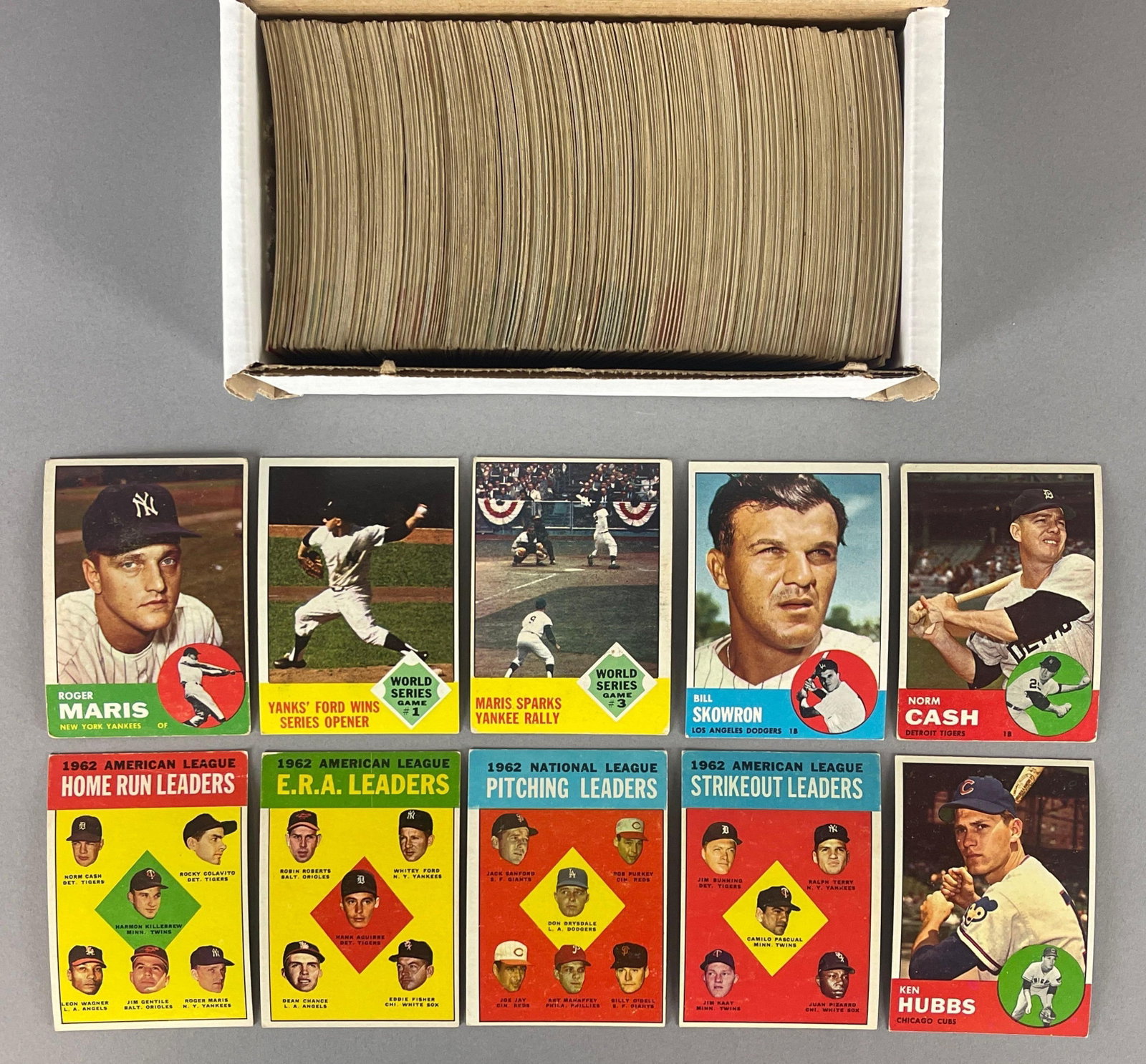 340 - 1963 Topps Baseball Cards with HOFs, Stars, and Rookies: Conditions vary, Low - EX+, Mainly VG, Roger Maris, Whitey Ford, Yogi Berra, and More
