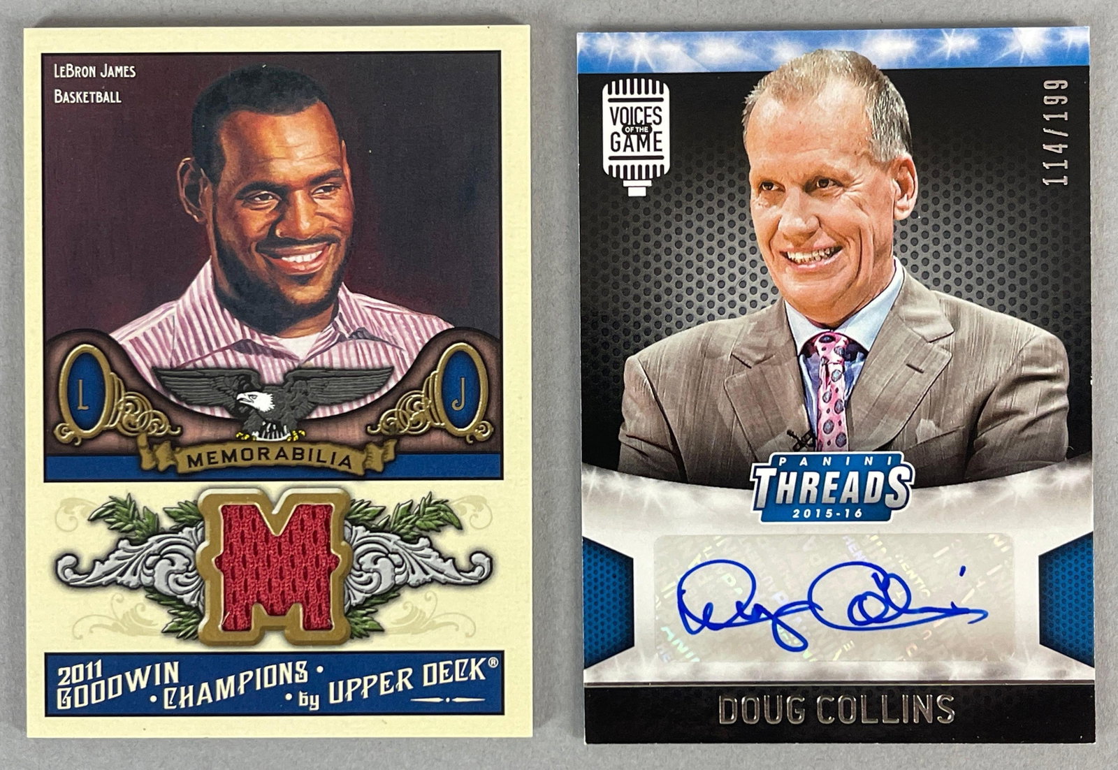 2011 Goodwin Champions LeBron James Jersey Card + 2015 Panini Threads Auto Doug Collins 114/199: 2011 Goodwin Champions LeBron James Jersey Card + 2015 Panini Threads Auto Doug Collins 114/199