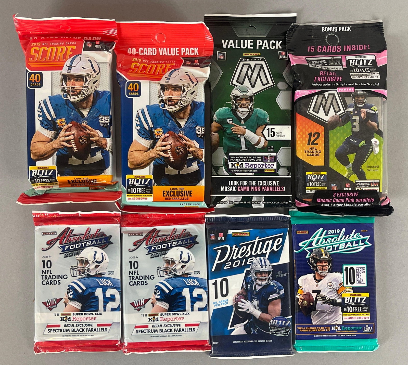 8 - 2014 - 23 Football Unopened Packs: 2018 Prestige, 2014 Absolute, 2019 Absolute, 2 - 2019 Score, and More