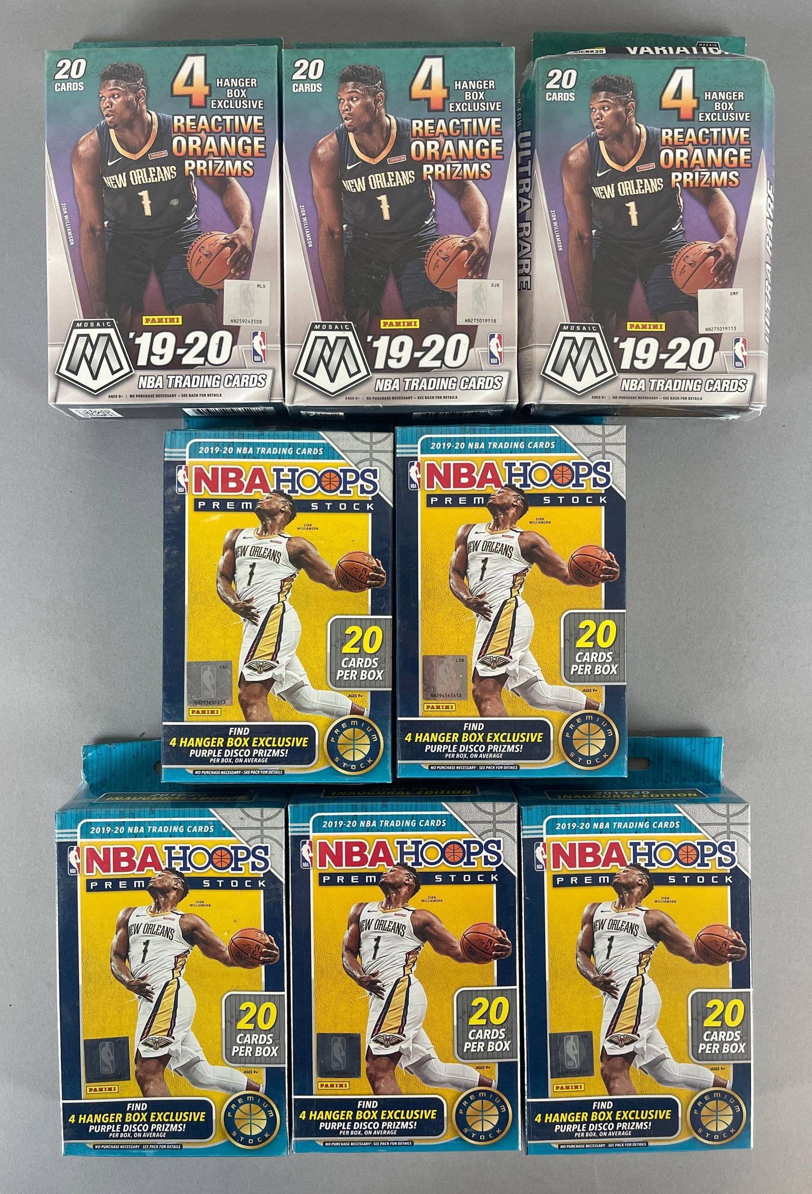 8 - 2019 Mosaic and NBA Hoops Premium Stock Basketball Hanger Boxes: 3 - Mosaic, 5 - Hoops Premium Stock, 20 - Cards per box