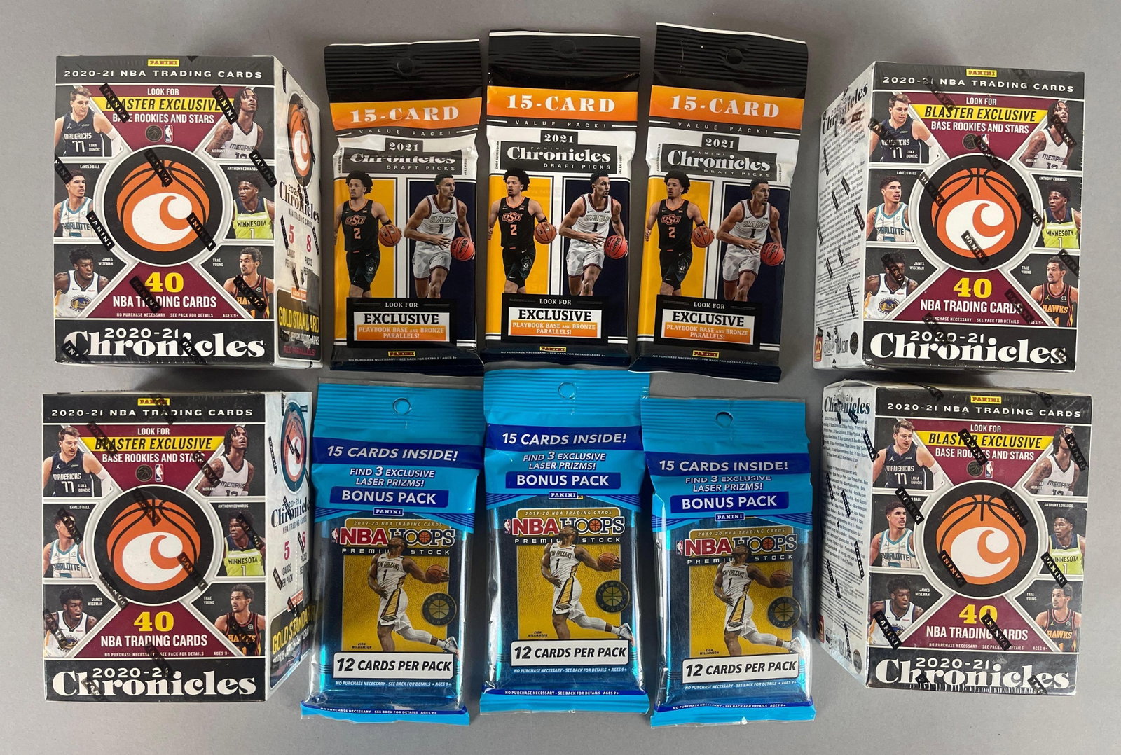 10 - 2019 - 21 Panini Chronicles and NBA Hoops Blaster Boxes and Value Packs: 10 - 2019 - 21 Panini Packs 3 - 2021 Chronicles Draft Picks?15 card value packs, 3 - 2019 NBA Hoops 12?card value packs, and 4 - 2020 Panini Chronicles 40 card Blaster Boxes
