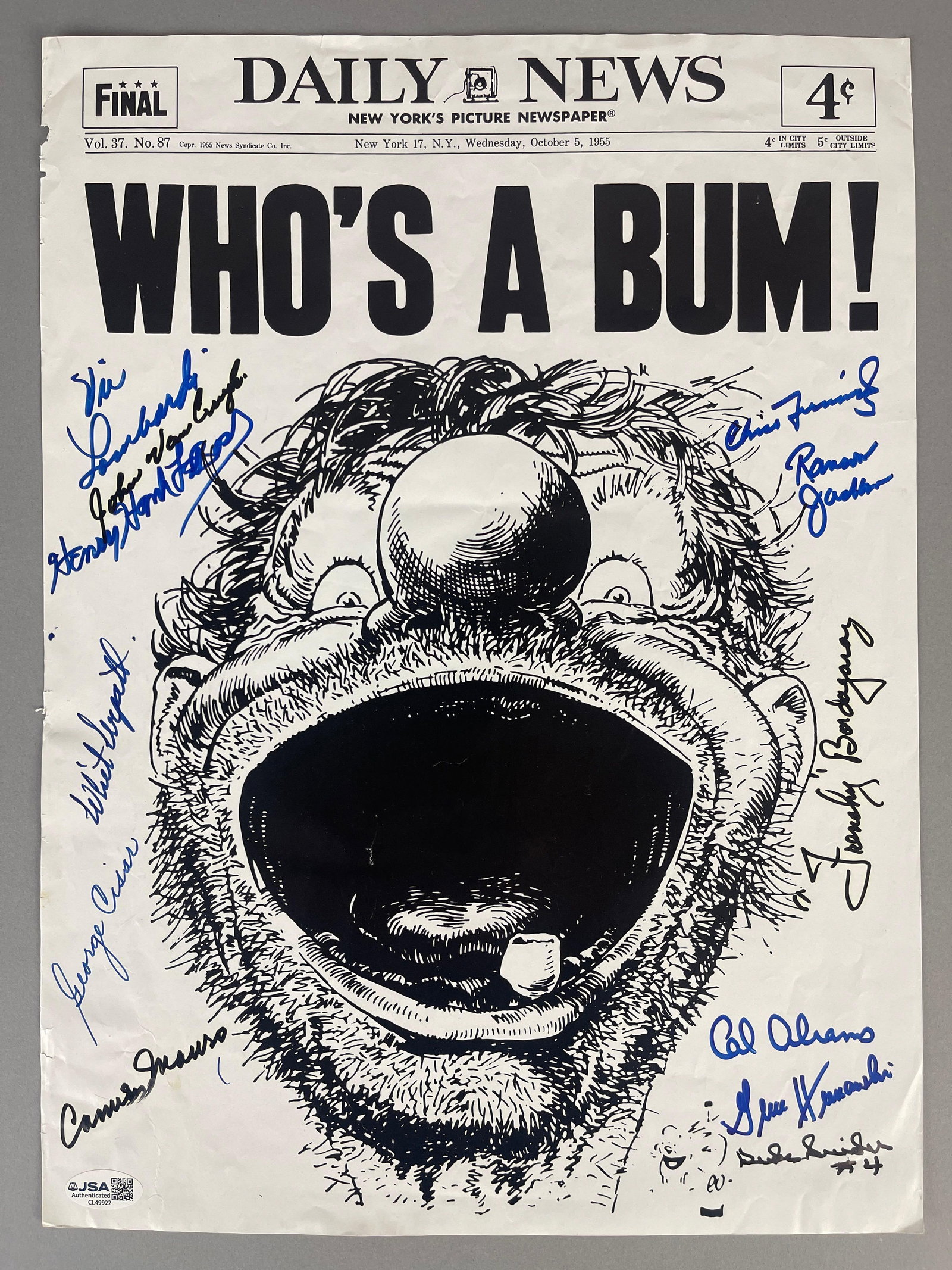 Duke Snider Multi-Signed Brooklyn Dodgers Whos a Bum! Daily News Print with JSA COA: Great for the Brooklyn Dodgers Collectors, Includes 12 - Dodgers Autographs includes Duke Snider, Most likely one of a kind, Measures 11 x 15 Inches