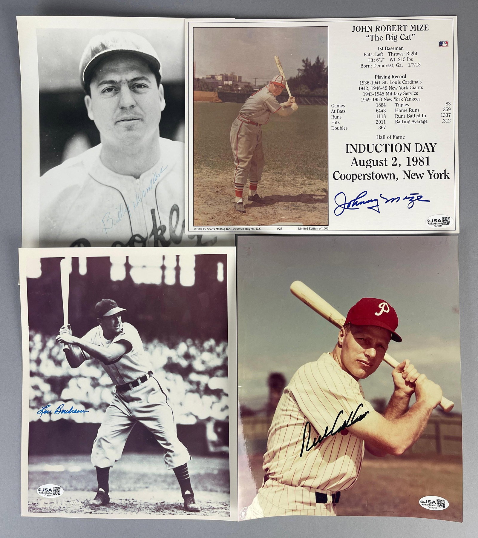 Billy Herman, Lou Boudreau, Johnny Mize, and Richie Ashburn Signed Photos with JSA COA: Billy Herman, Lou Boudreau, Johnny Mize, and Richie Ashburn Signed Photos with JSA COA