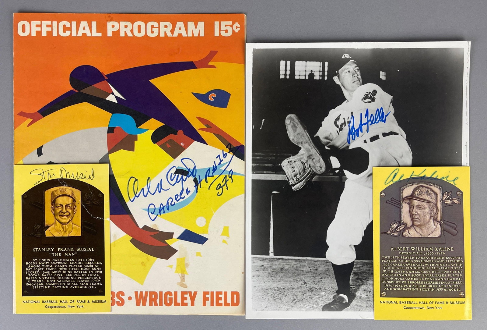 4 - HOFs, Cepeda, Feller, Musial, Kaline Autos with JSA COAs: Autographed HOF Postcards, Stan Musial and Al Kaline signatures, 1967 Cubs program signed Orlando Cepeda HR#262/379, and Bob Feller Photo, all have JSA COAs