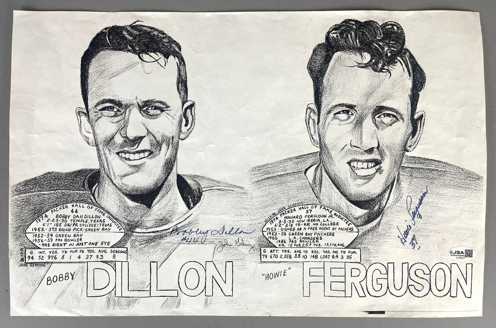 Bobby Dillon and Howie Ferguson Signed Portrait Prints with JSA COA: Portrait Prints of 1974 Green Bay Packers HOF inductees Bobby Dillon and Howie Ferguson, John Gehrig artist, Measures 18 1/2 x 12 Inches