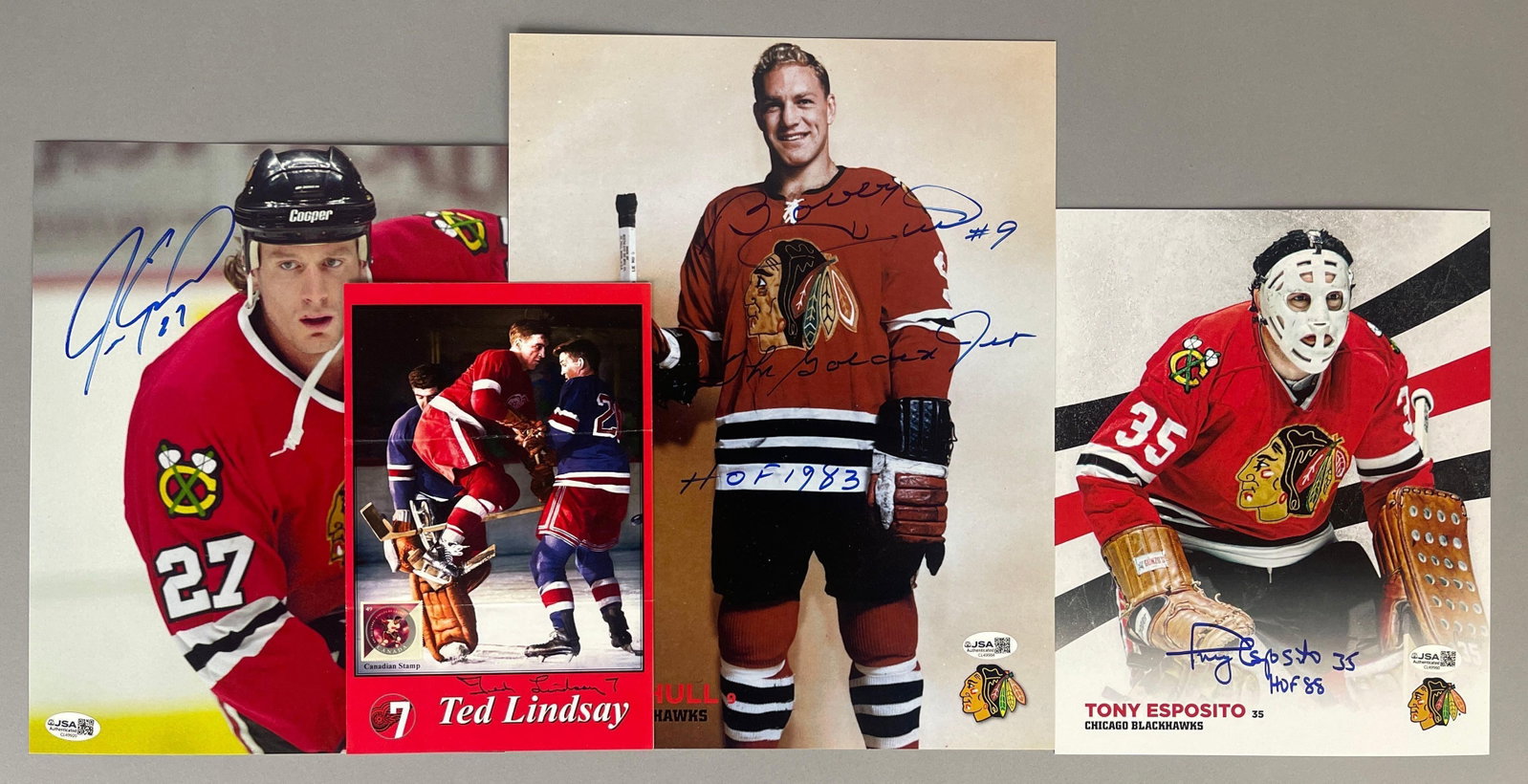 4 - Chicago Blackhawks HOFs Autographed Photos with JSA COAs: Autographed Jeremy Roenick #27, Ted Lindsay #7, Tony Esposito #35 HOF85, Bobby Hull #9 The Golden Jet HOF 1983, all with JSA COAs, Largest measures 12 x 15 Inches