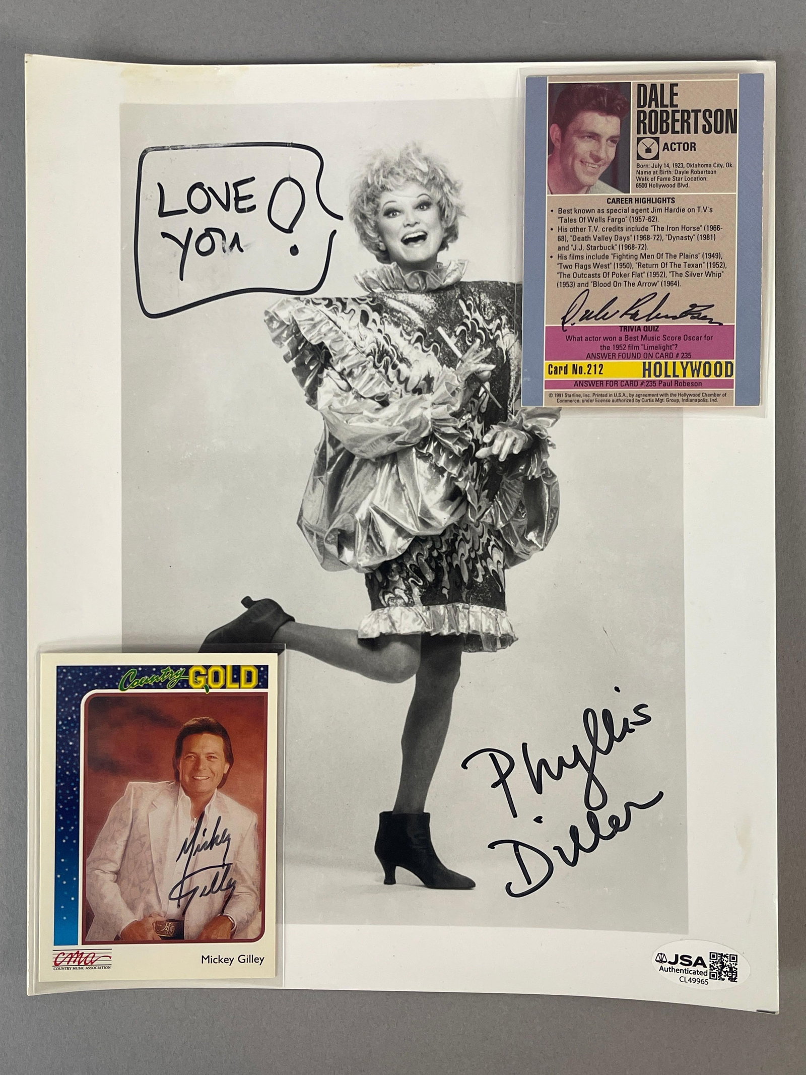Mickey Gilley, Dale Robertson Signed Cards + Phyllis Diller Signed Photo with JSA COAs (1 of 3)